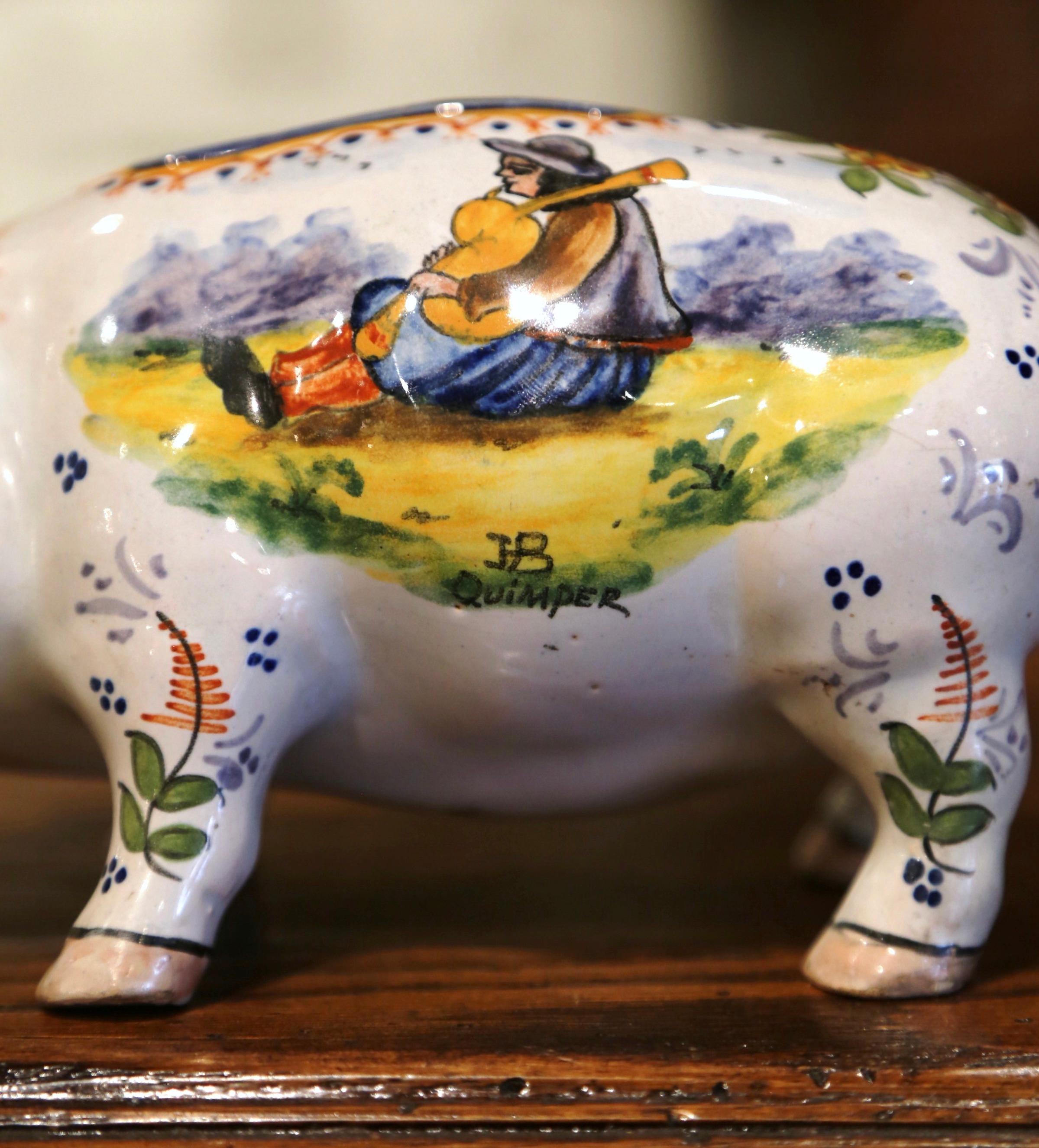 Hand-Crafted 19th Century French Hand Painted Faience Piggy Bank Signed HB Quimper