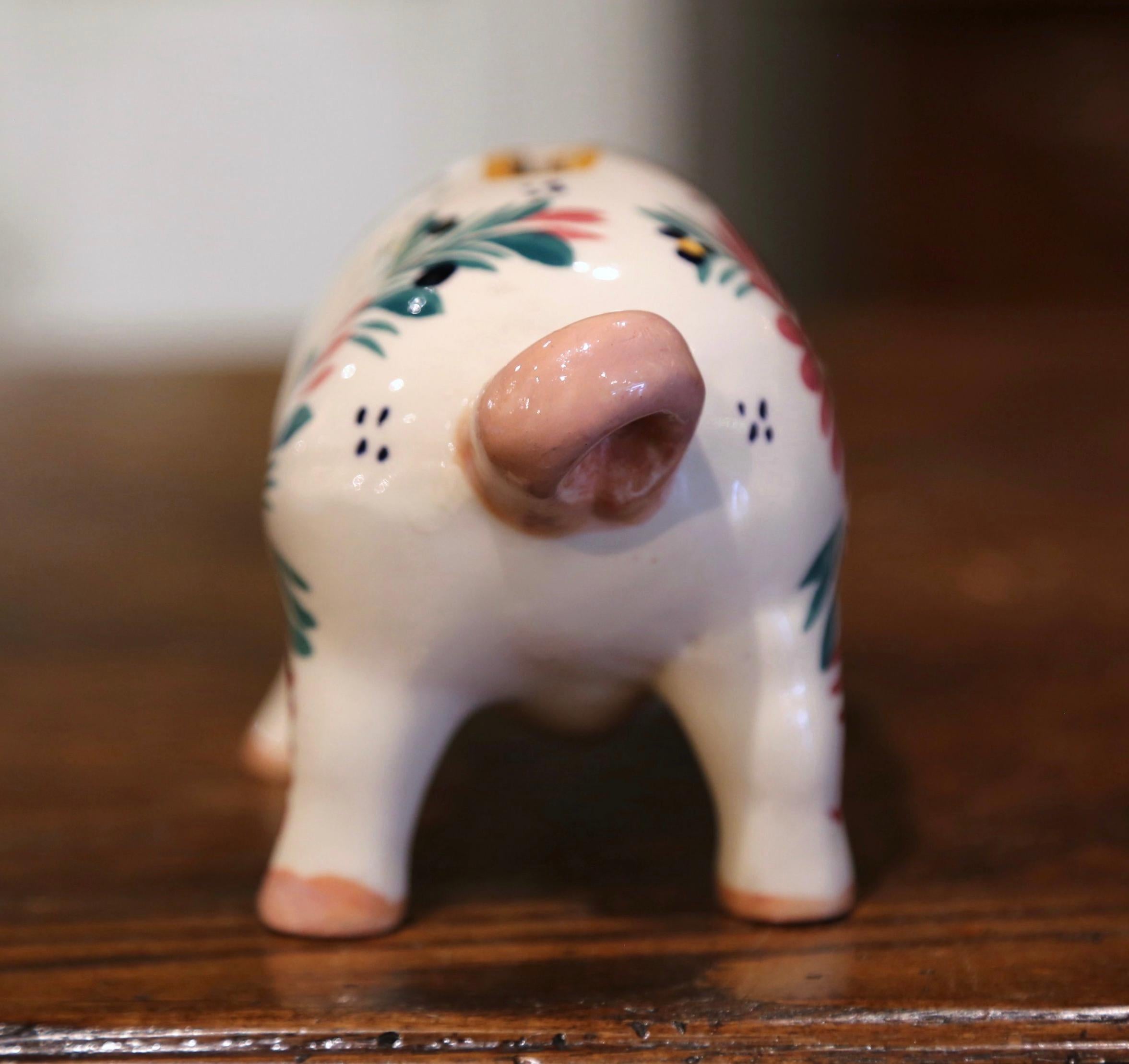 Ceramic 19th Century French Hand Painted Faience Piggy Bank Signed HB Quimper
