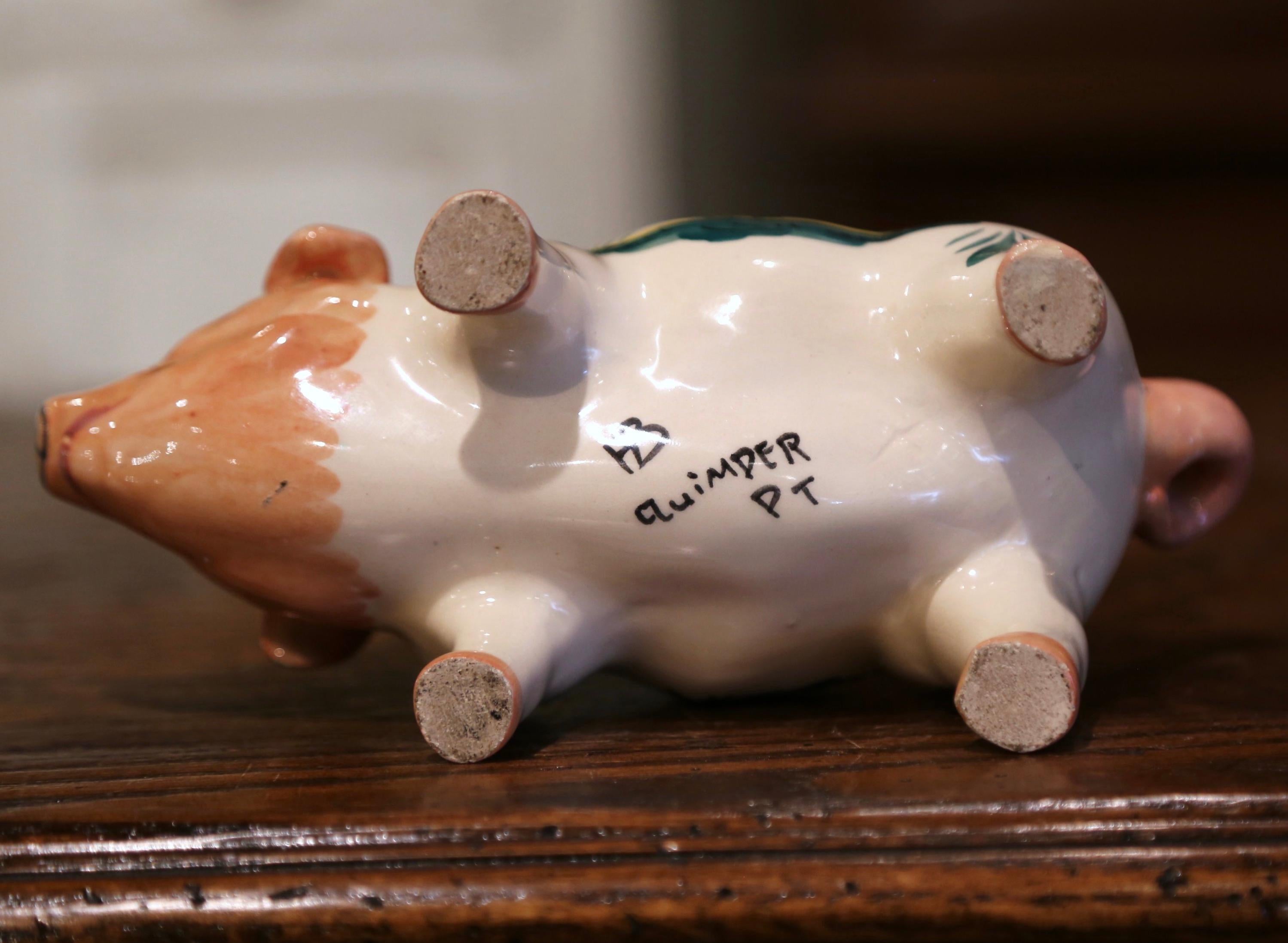 19th Century French Hand Painted Faience Piggy Bank Signed HB Quimper 1