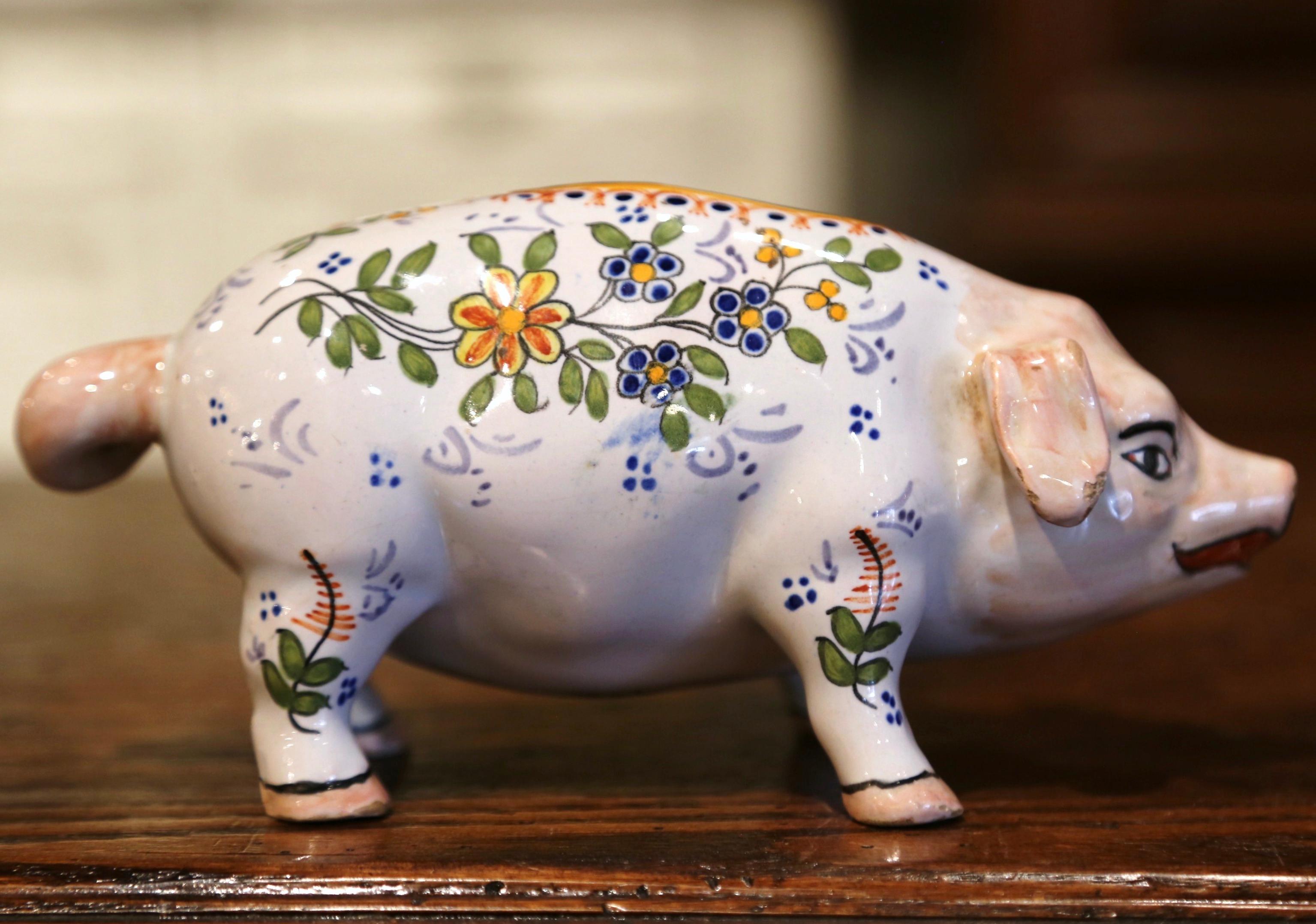 Ceramic 19th Century French Hand Painted Faience Piggy Bank Signed HB Quimper