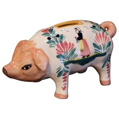 19th Century French Hand Painted Faience Piggy Bank Signed HB Quimper