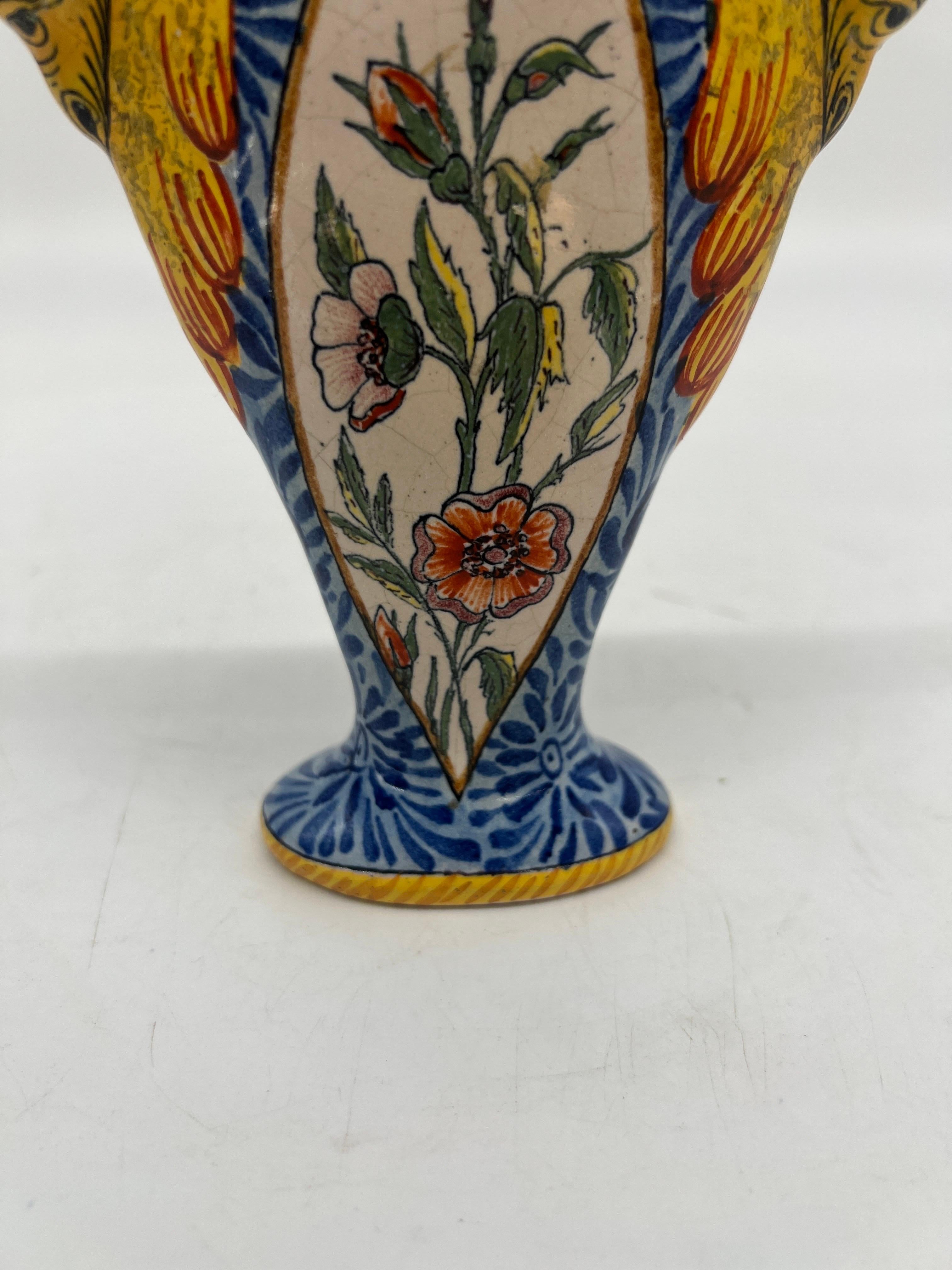 Ceramic 19th Century French Hand Painted Faience Porquier-Beau Quimper Swan Vase For Sale