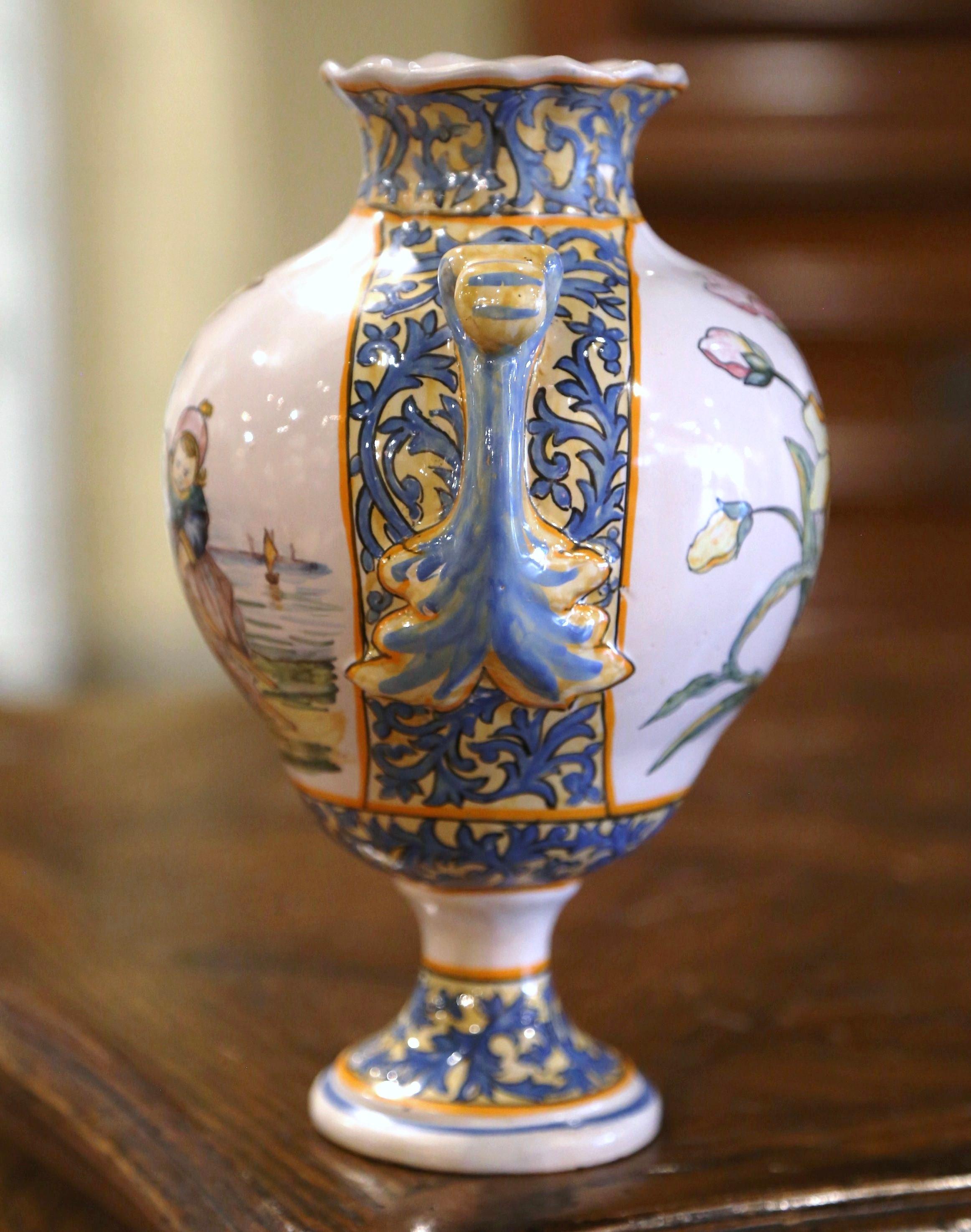 Französische handbemalte Fayence-Vase „Porquier Beau“ mit Quimper aus dem 19. Jahrhundert im Angebot 2