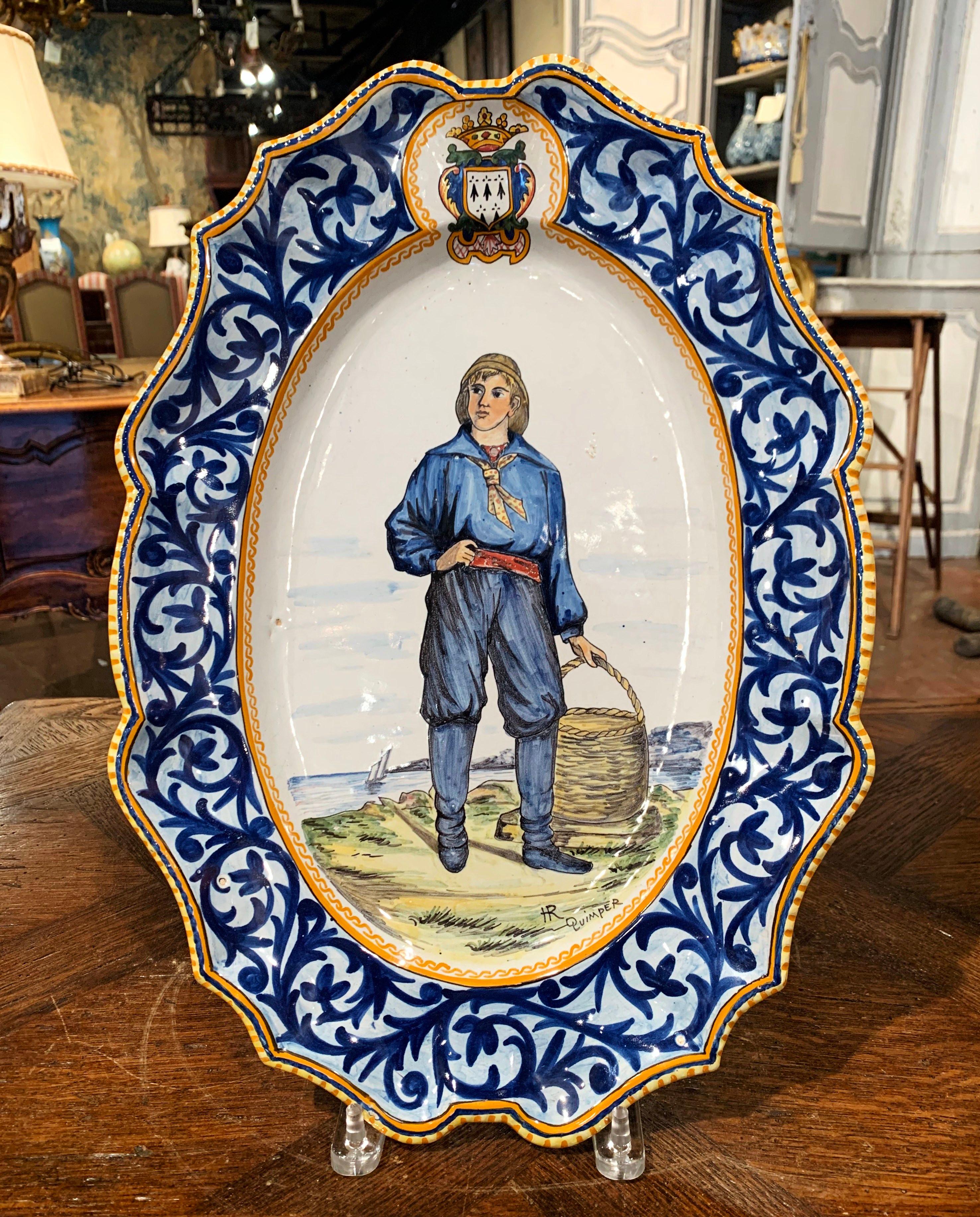 19th Century French Hand Painted Faience Porquier Beau Quimper Wall Platter In Excellent Condition In Dallas, TX