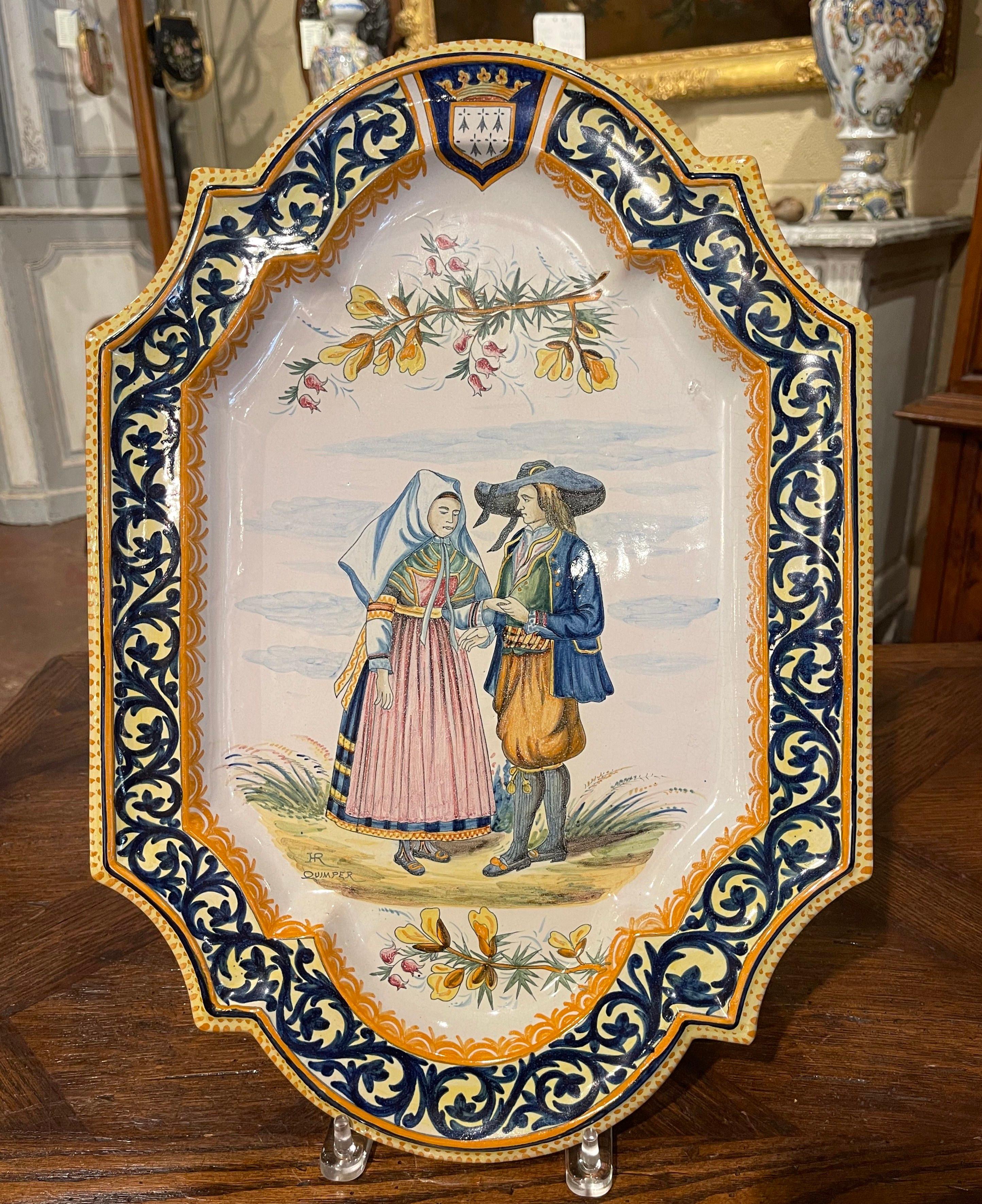 19th Century French Hand Painted Faience Porquier Beau Quimper Wall Platter In Excellent Condition In Dallas, TX