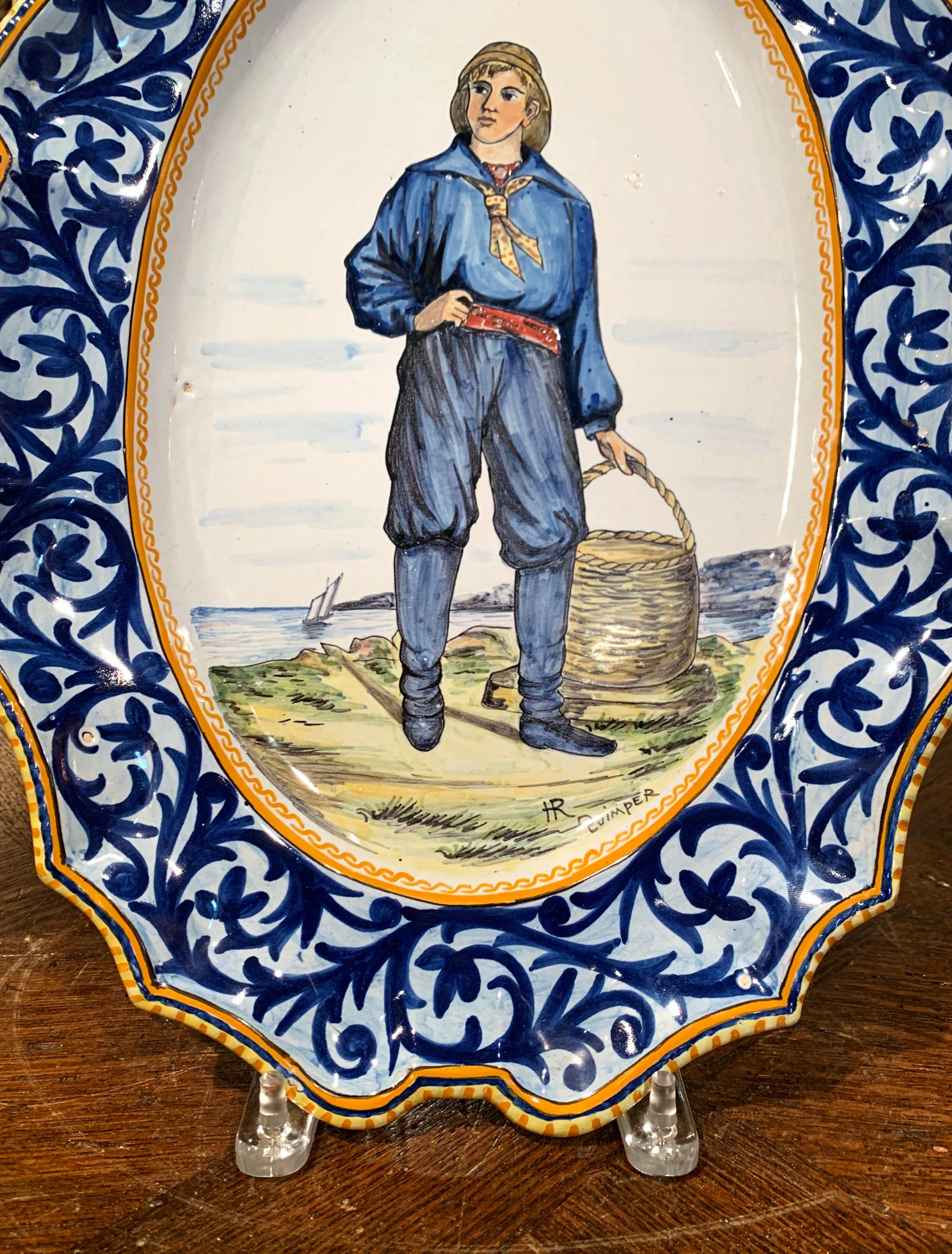 XIXe siècle Plateau mural en faïence de Porquier Beau Quimper peint à la main au 19e siècle