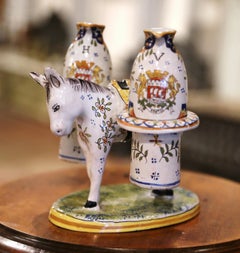 19th Century French Hand Painted Faience Quimper Oil & Vinegar Donkey Container