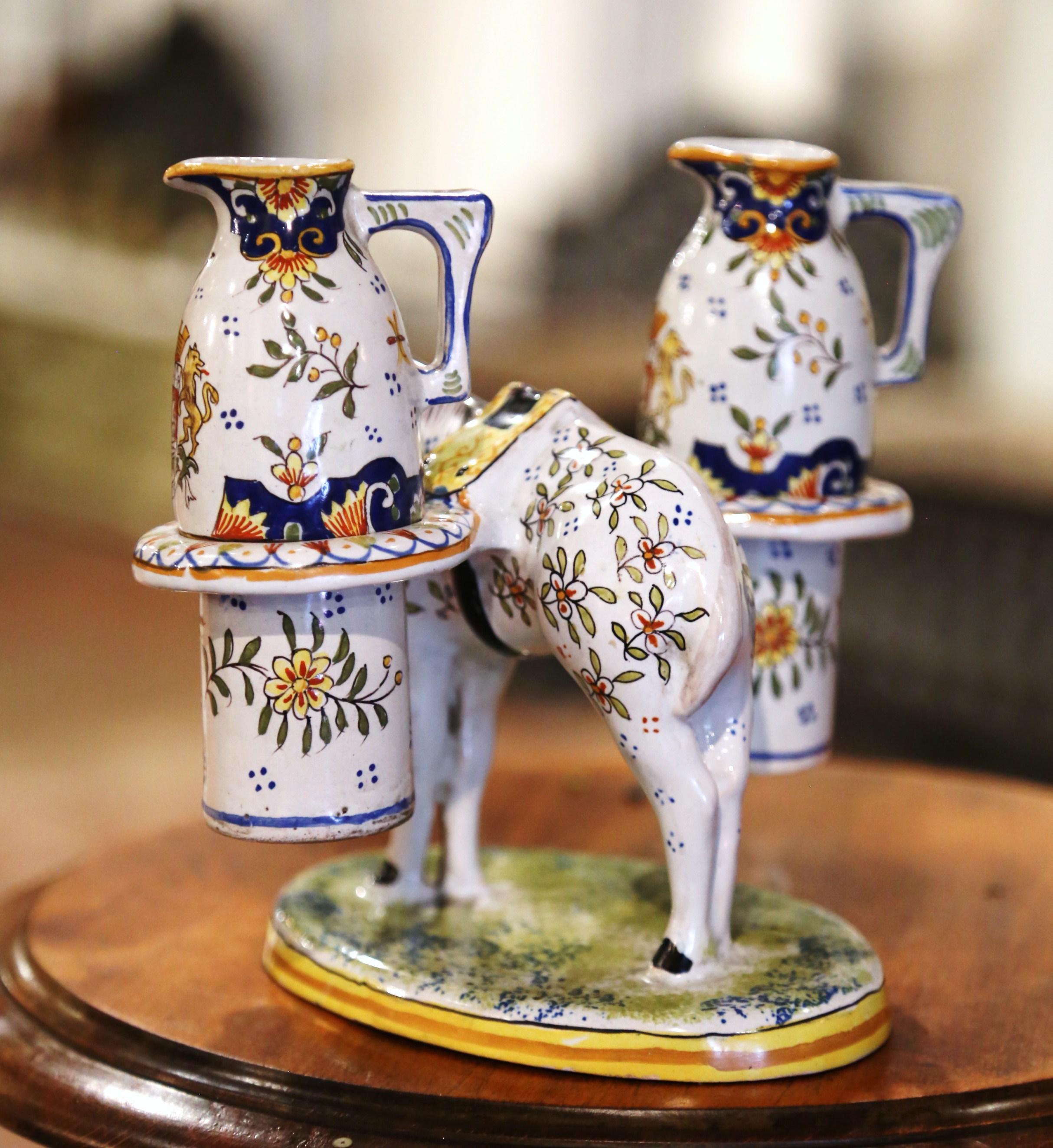 Hand-Painted 19th Century French Hand Painted Faience Quimper Oil & Vinegar Donkey Container