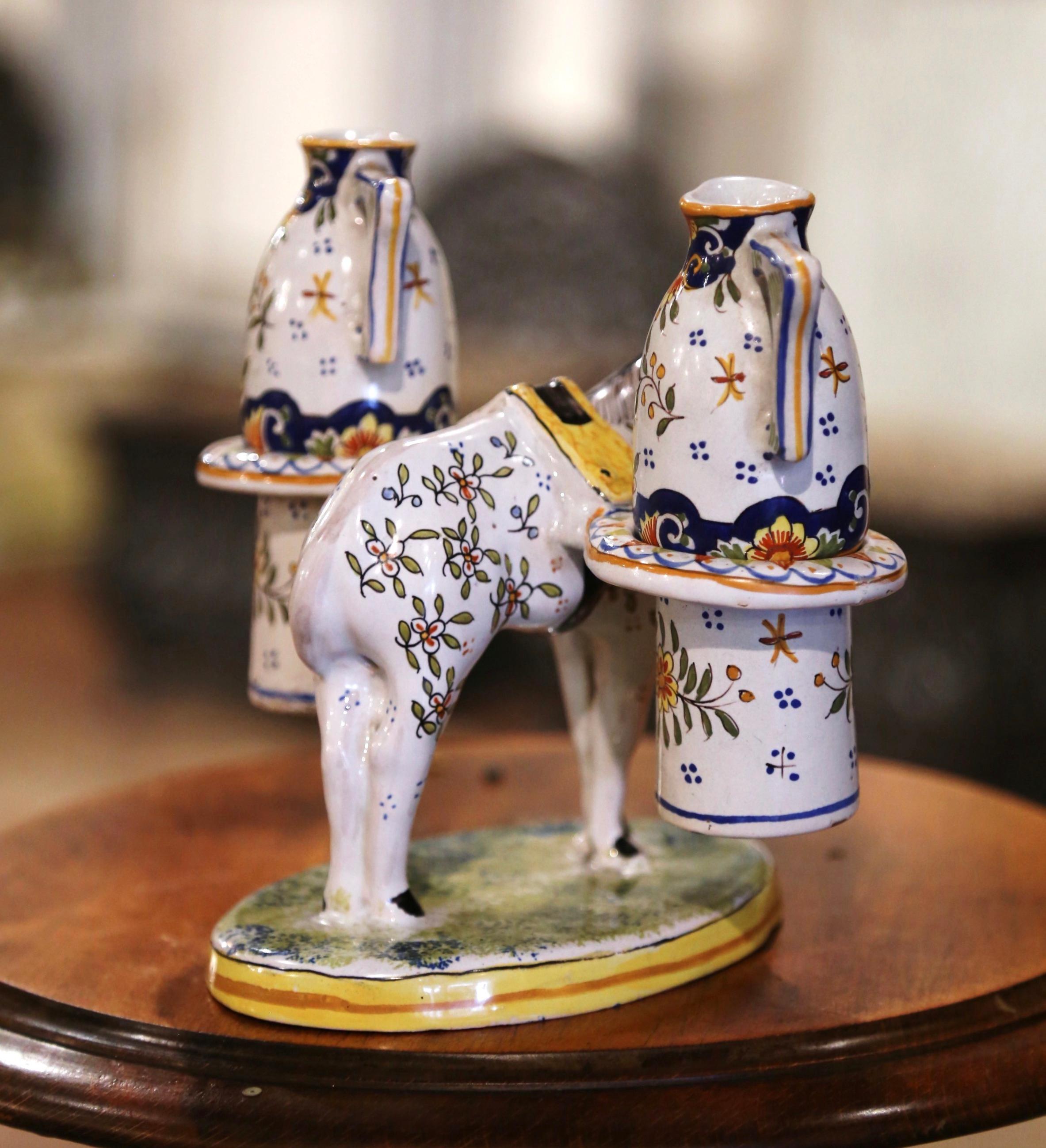 19th Century French Hand Painted Faience Quimper Oil & Vinegar Donkey Container In Excellent Condition In Dallas, TX