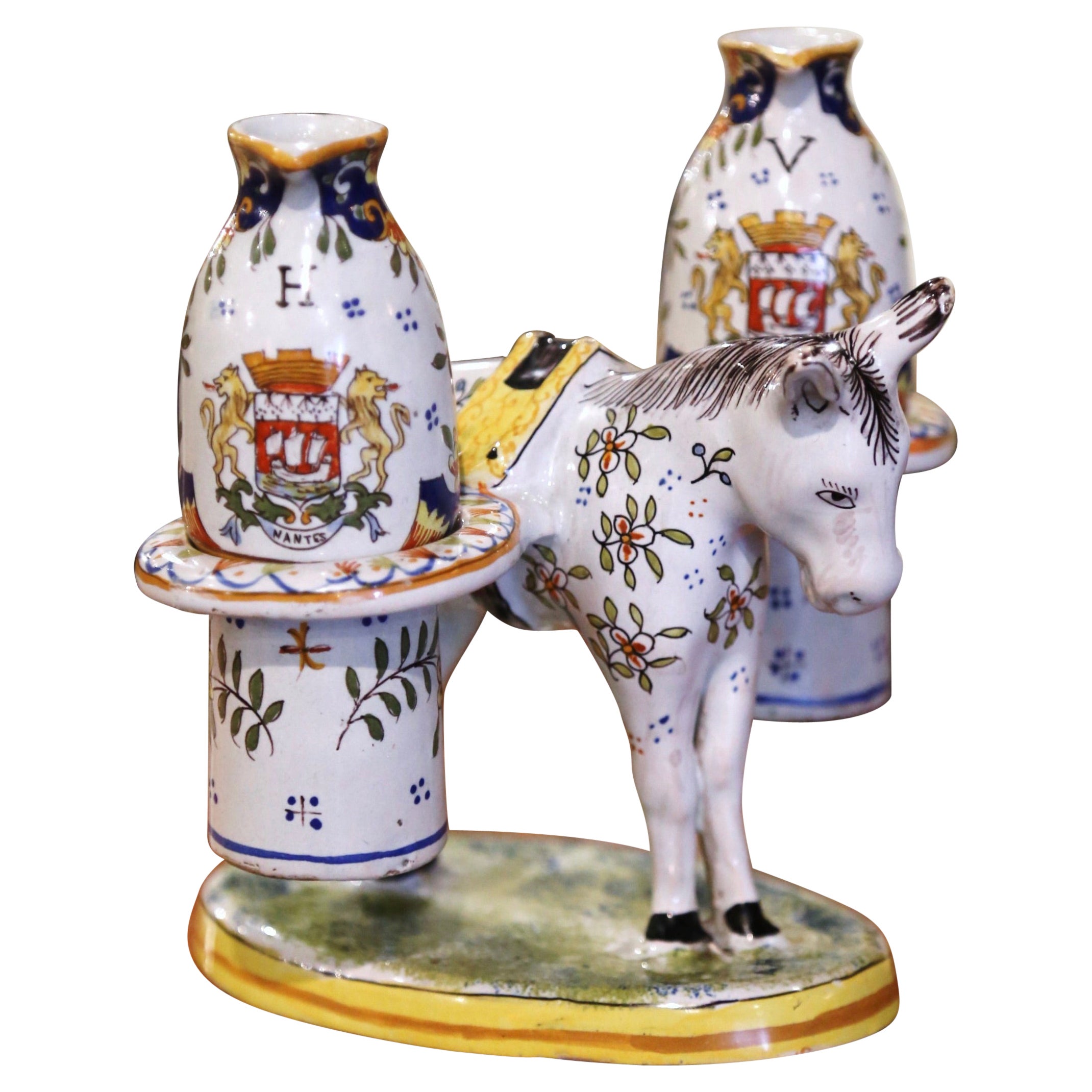 19th Century French Hand Painted Faience Quimper Oil 
Vinegar Donkey Container