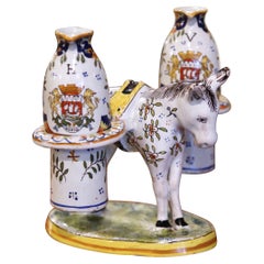 19th Century French Hand Painted Faience Quimper Oil & Vinegar Donkey Container