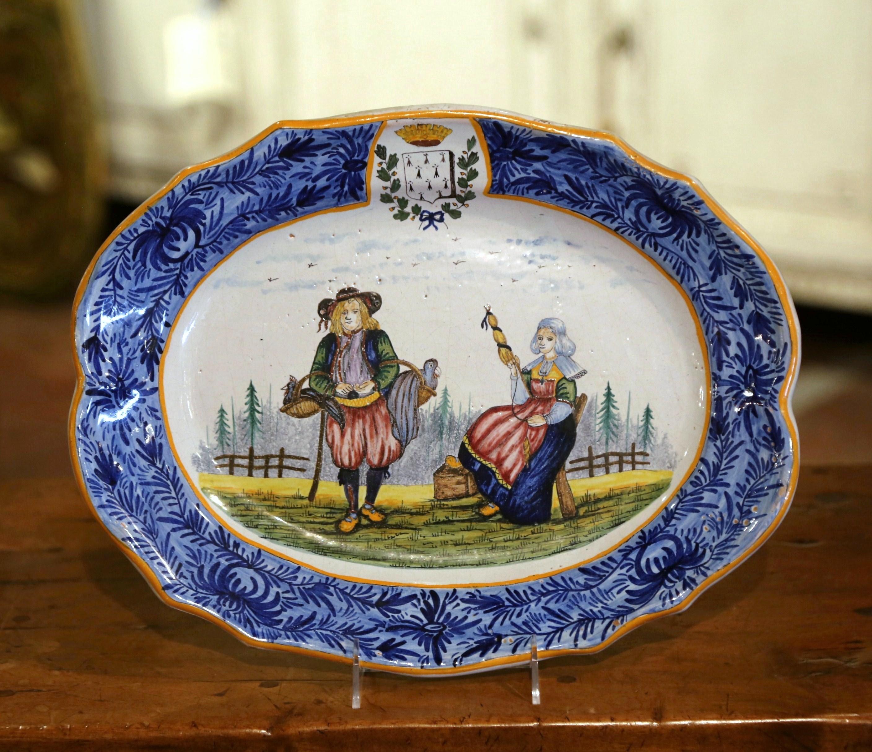 Hand-Crafted 19th Century French Hand Painted Faience Quimper Wall Platter For Sale