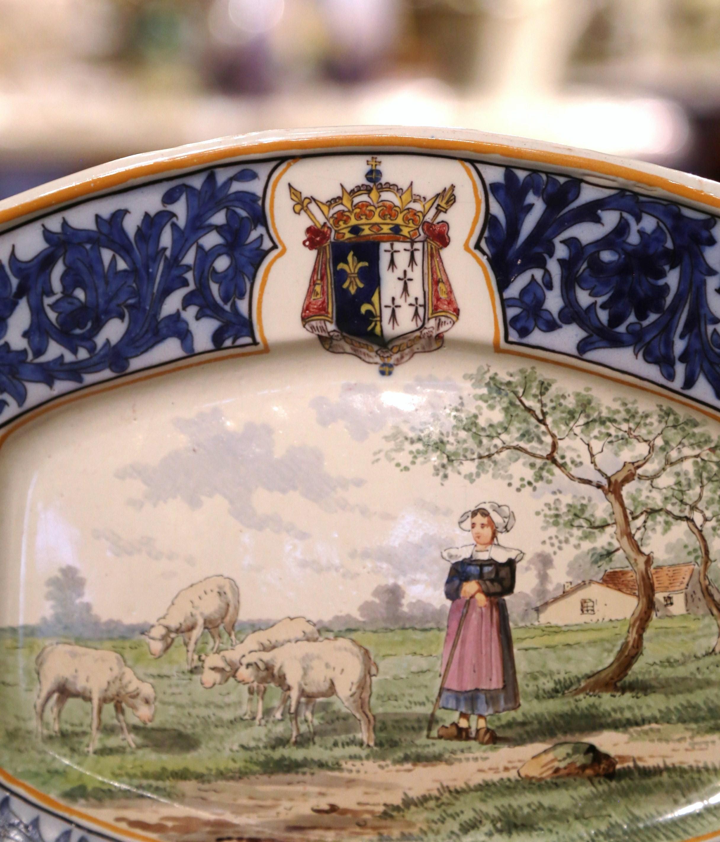Hand-Crafted 19th Century French Hand Painted Faience Quimper Wall Platter Stamped MG