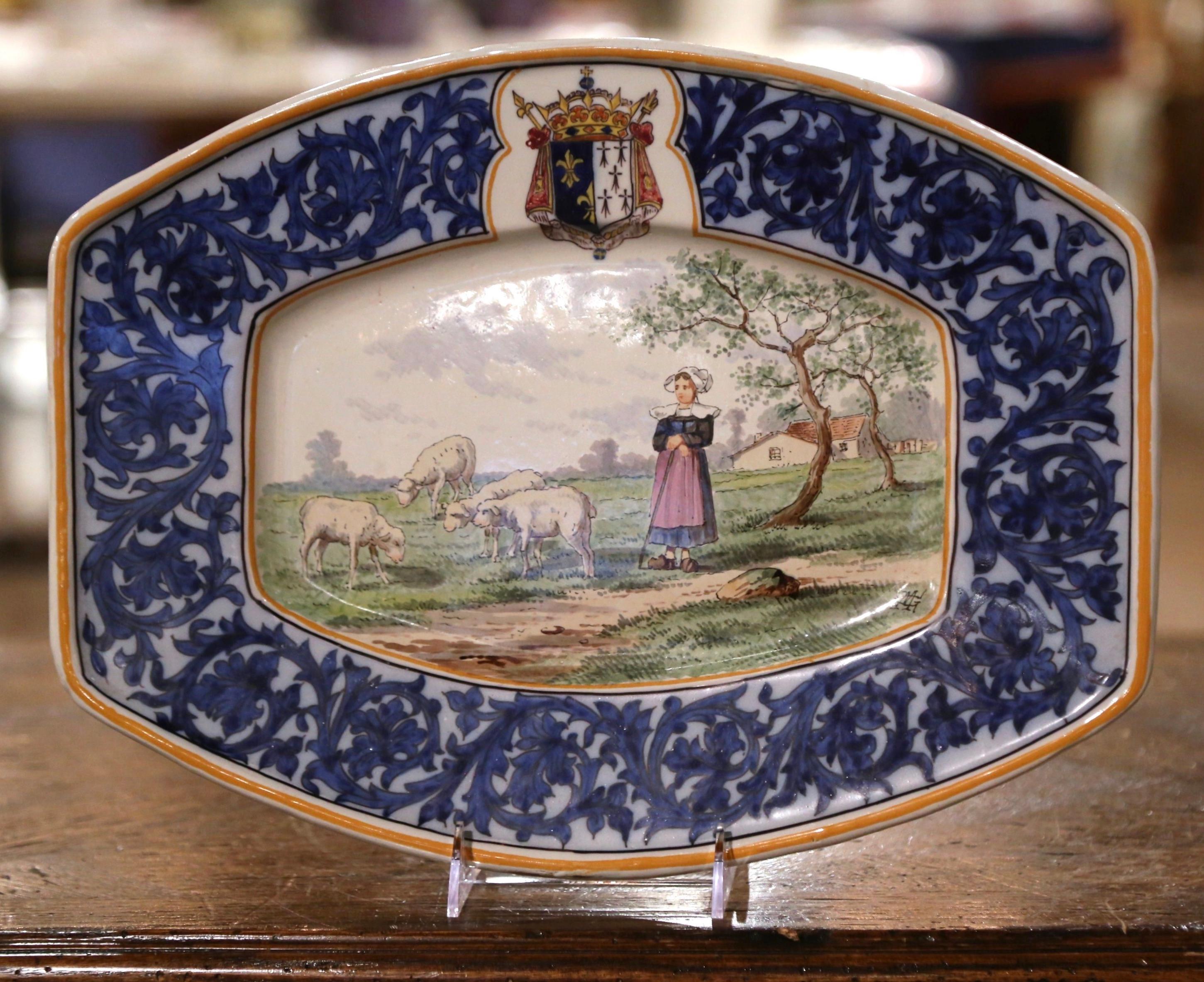 19th Century French Hand Painted Faience Quimper Wall Platter Stamped MG In Excellent Condition In Dallas, TX
