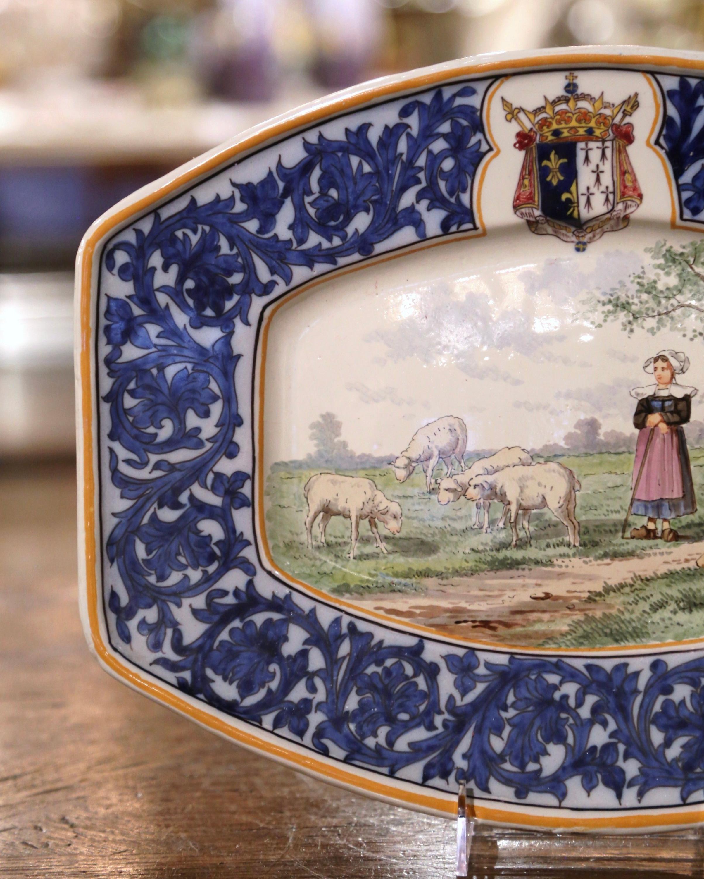 Ceramic 19th Century French Hand Painted Faience Quimper Wall Platter Stamped MG