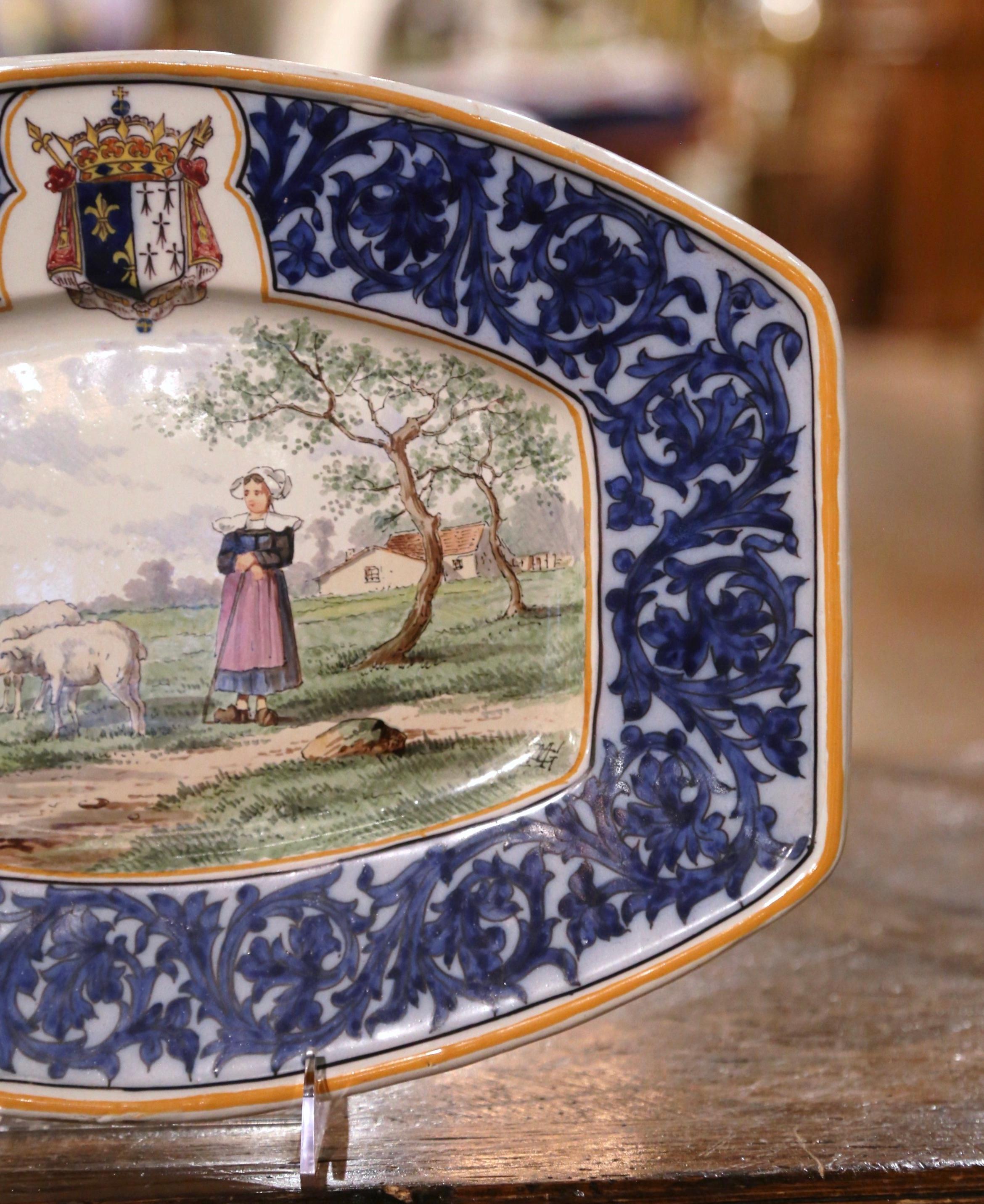 19th Century French Hand Painted Faience Quimper Wall Platter Stamped MG 1