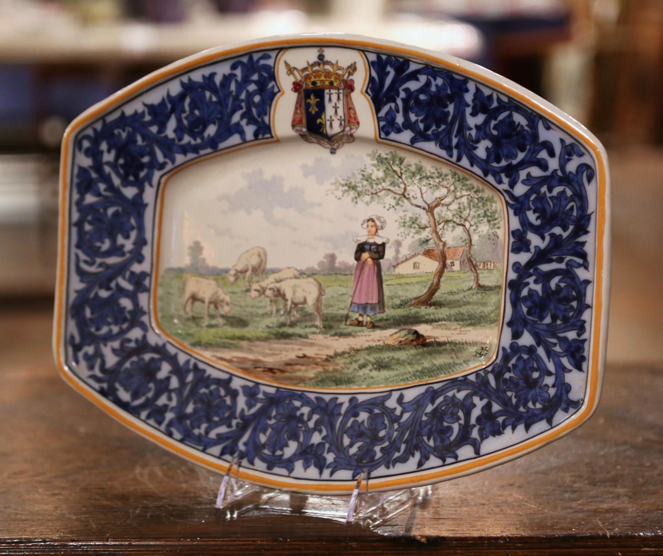 19th Century French Hand Painted Faience Quimper Wall Platter Stamped MG 2