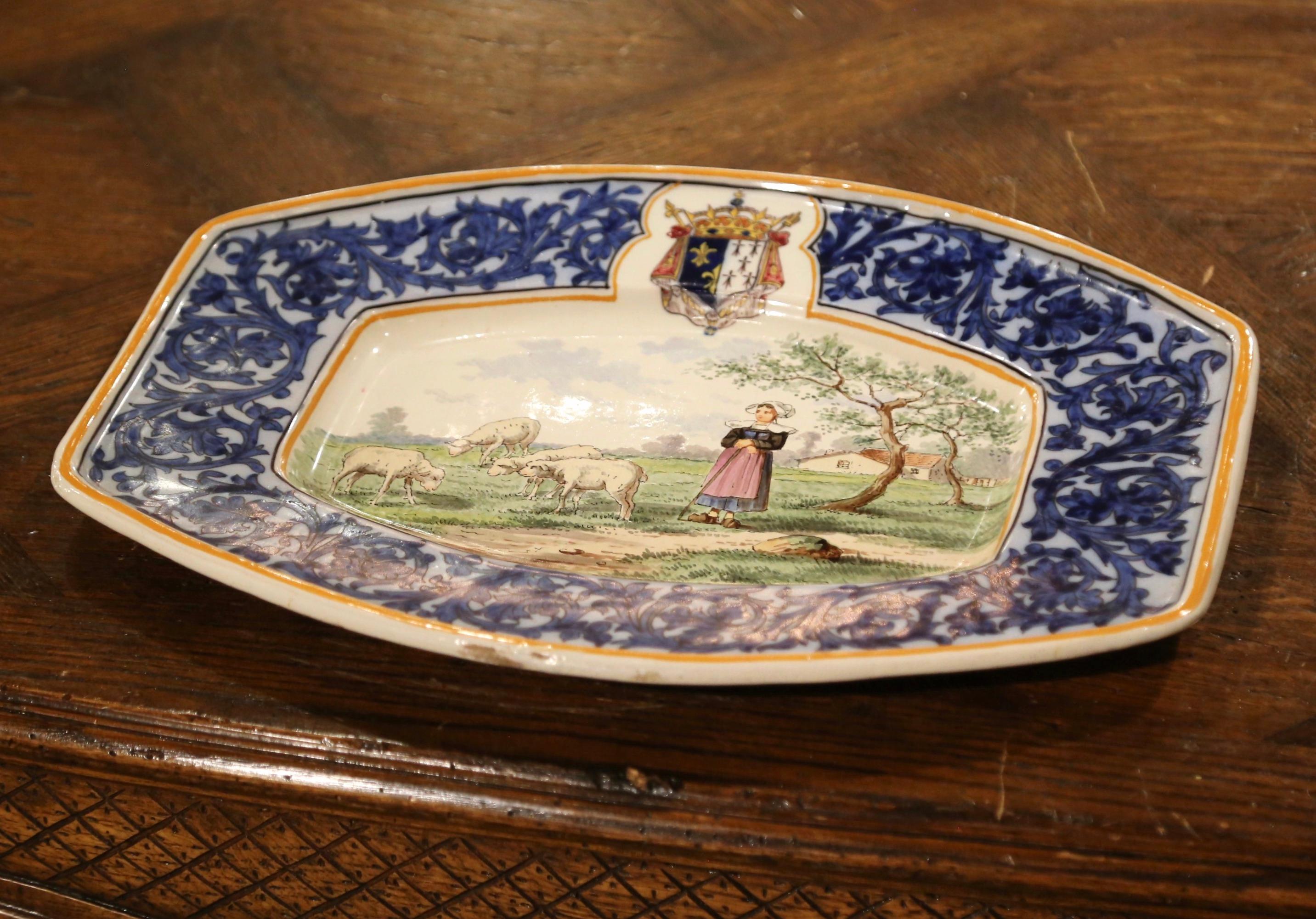 19th Century French Hand Painted Faience Quimper Wall Platter Stamped MG 3