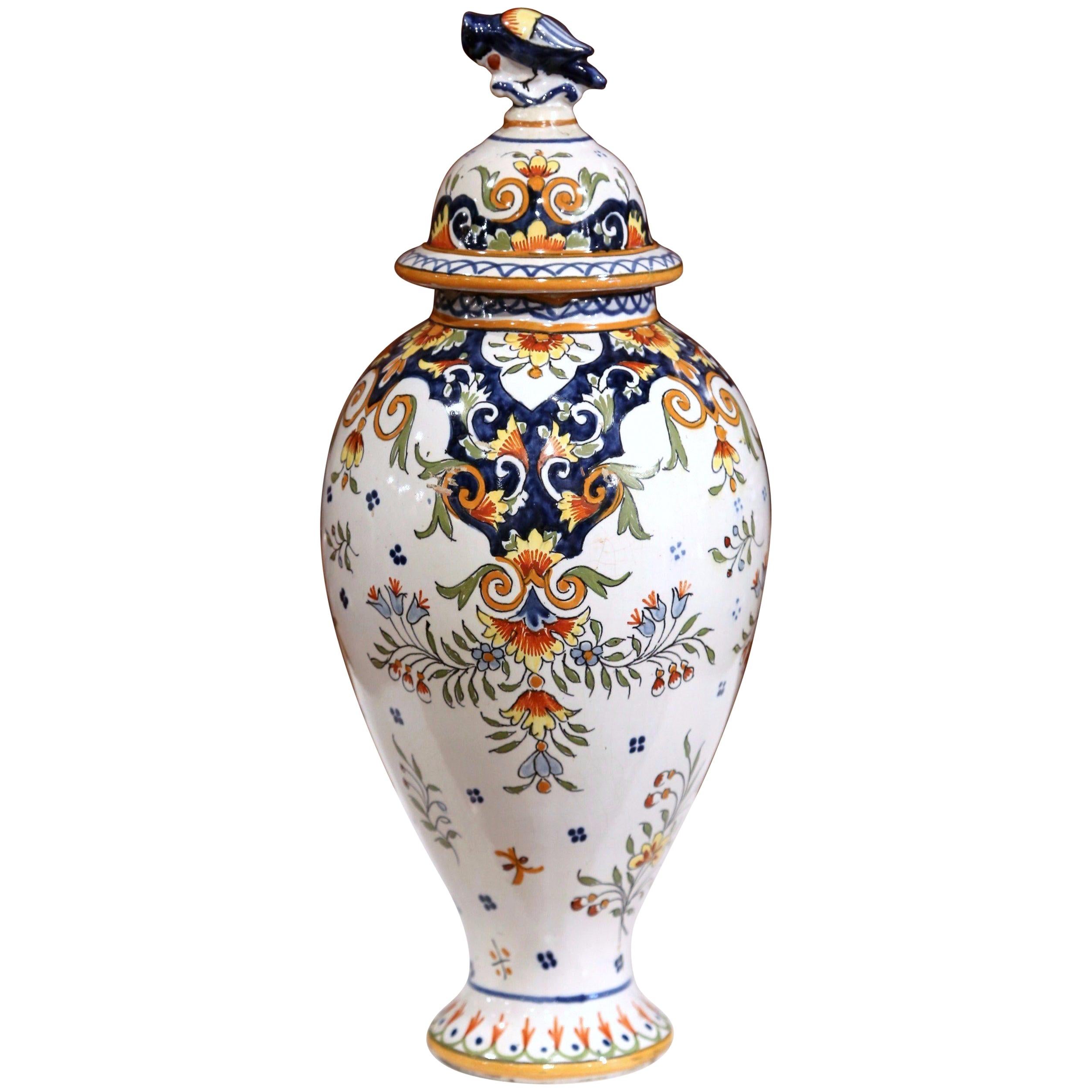 19th Century French Hand Painted Faience Urn and Lid from Rouen