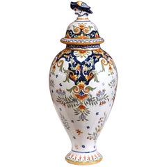 Antique 19th Century French Hand Painted Faience Urn and Lid from Rouen