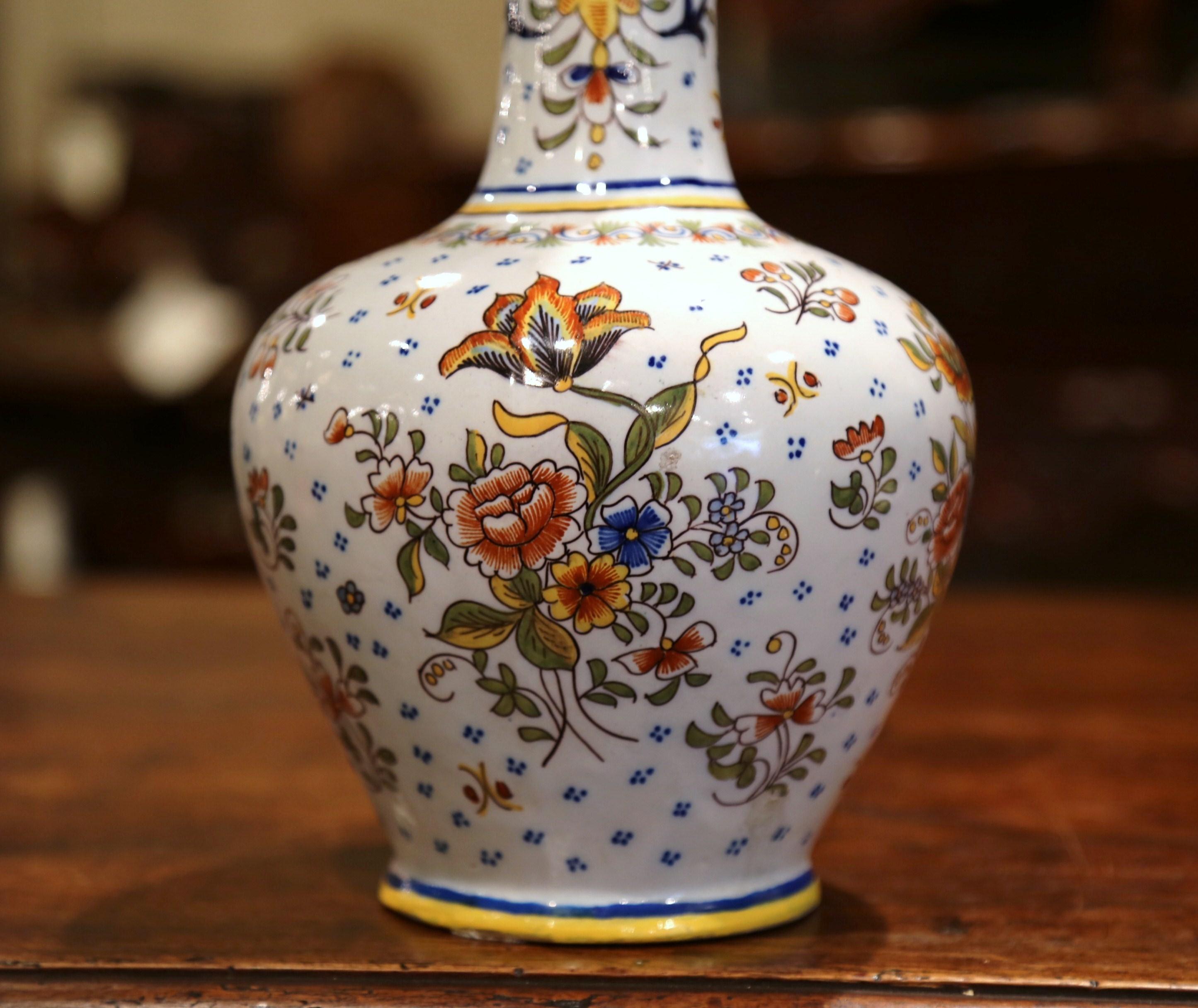 Hand-Crafted 19th Century French Hand Painted Faience Vase from Saint Malo