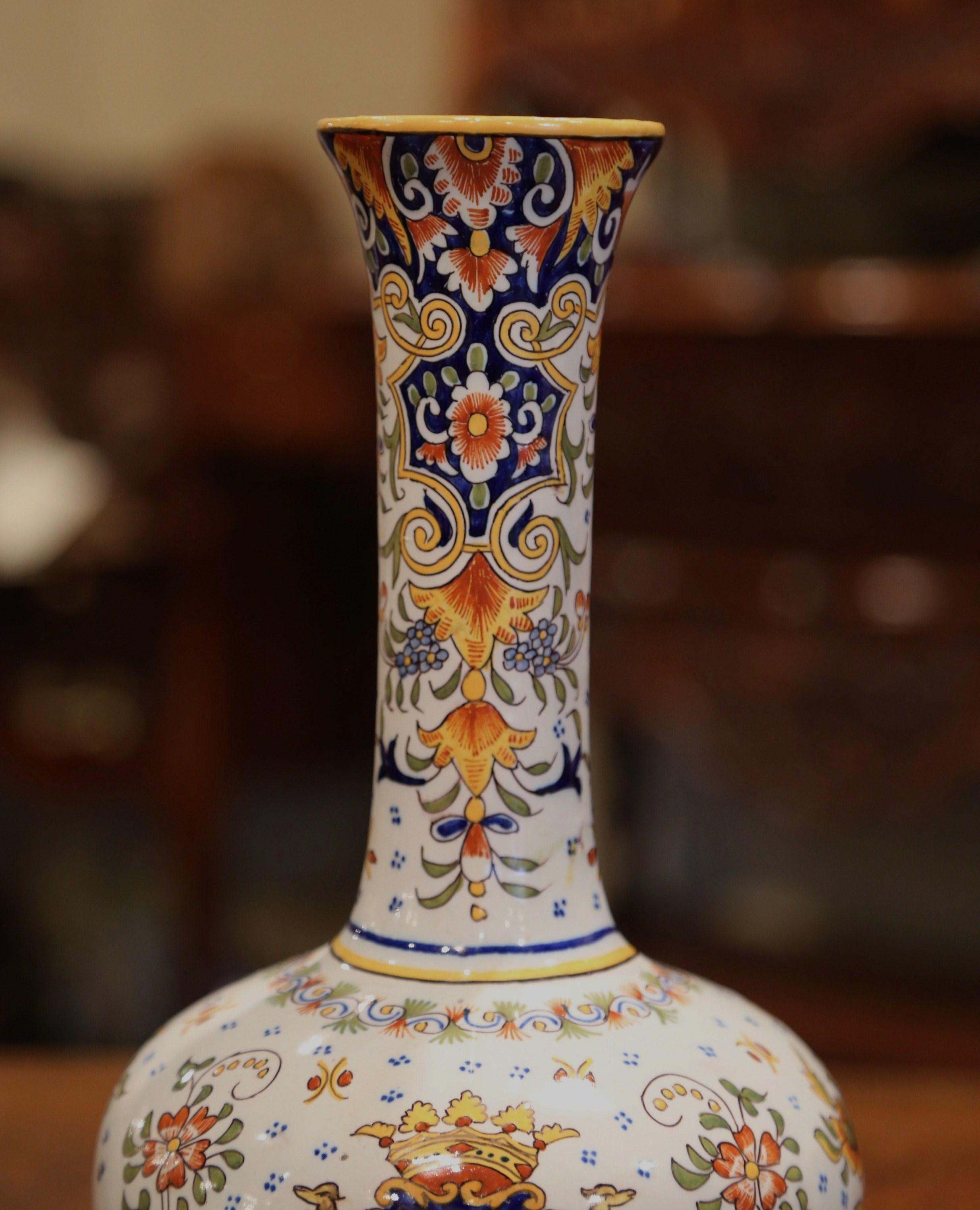 19th Century French Hand Painted Faience Vase from Saint Malo In Excellent Condition In Dallas, TX