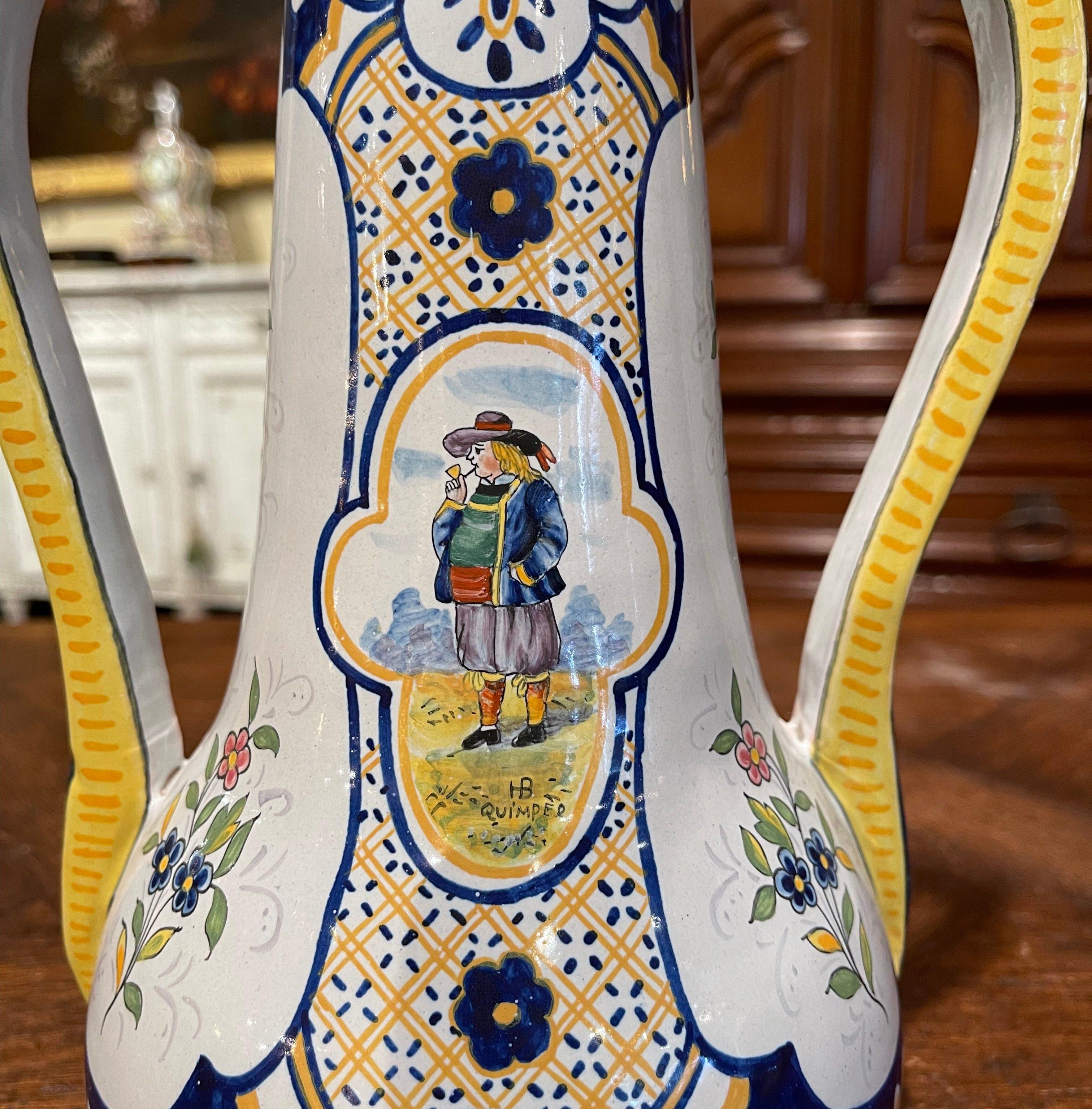 Hand-Crafted 19th Century French Hand Painted Faience Vase Signed HB Quimper