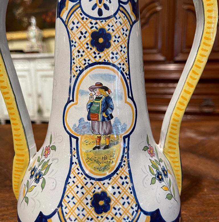 Hand-Crafted 19th Century French Hand Painted Faience Vase Signed HB Quimper For Sale