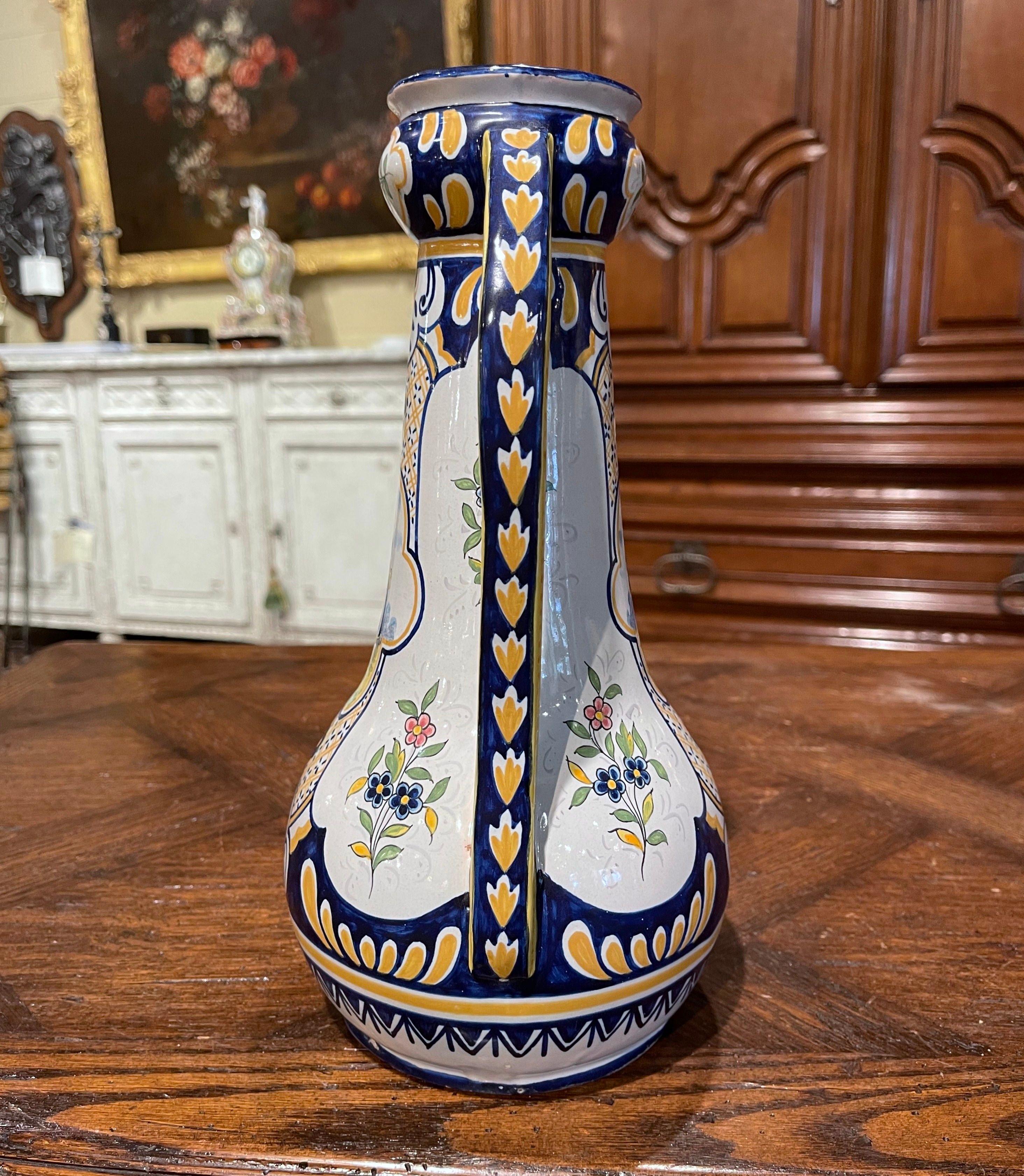 19th Century French Hand Painted Faience Vase Signed HB Quimper In Excellent Condition In Dallas, TX