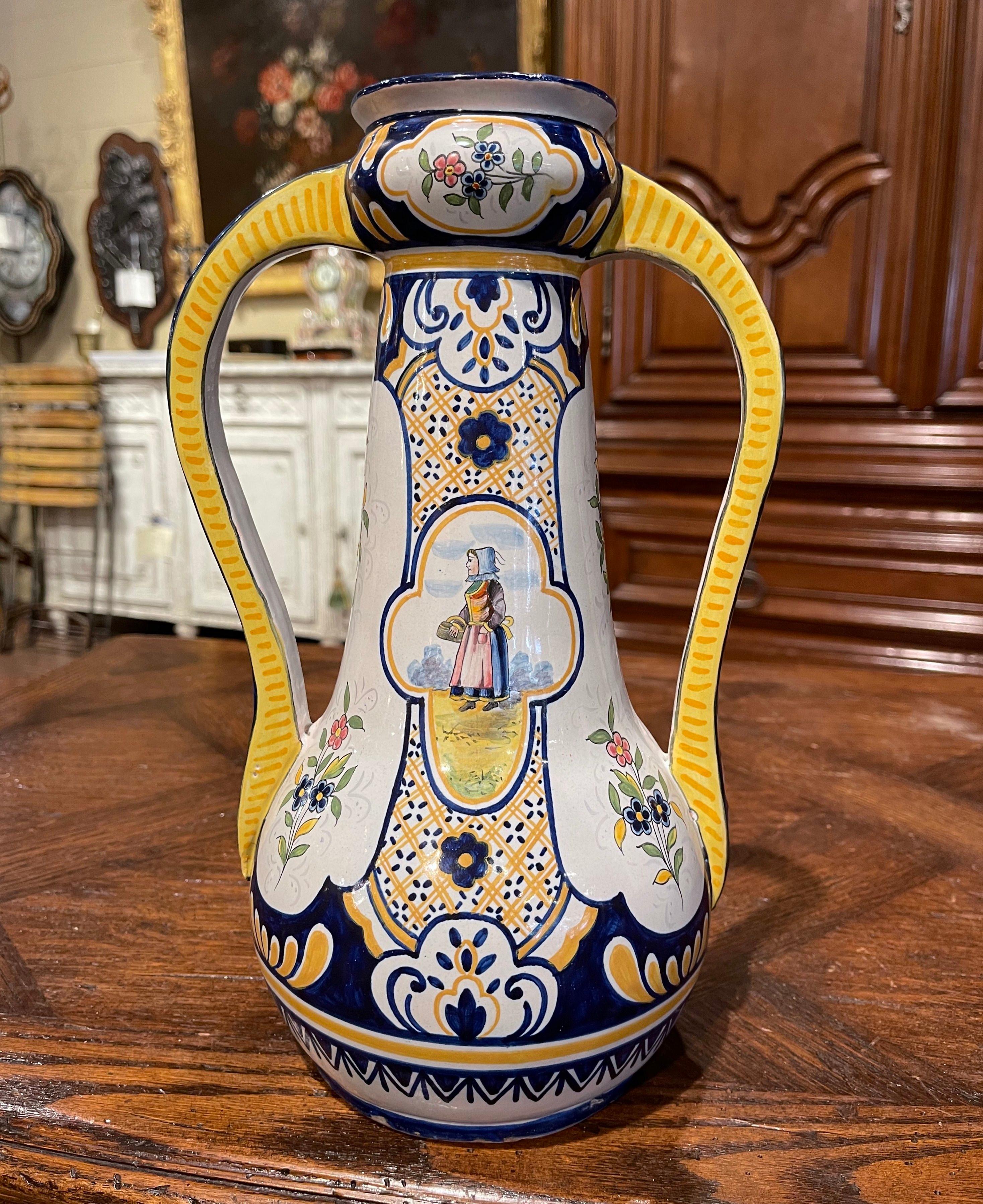 Ceramic 19th Century French Hand Painted Faience Vase Signed HB Quimper