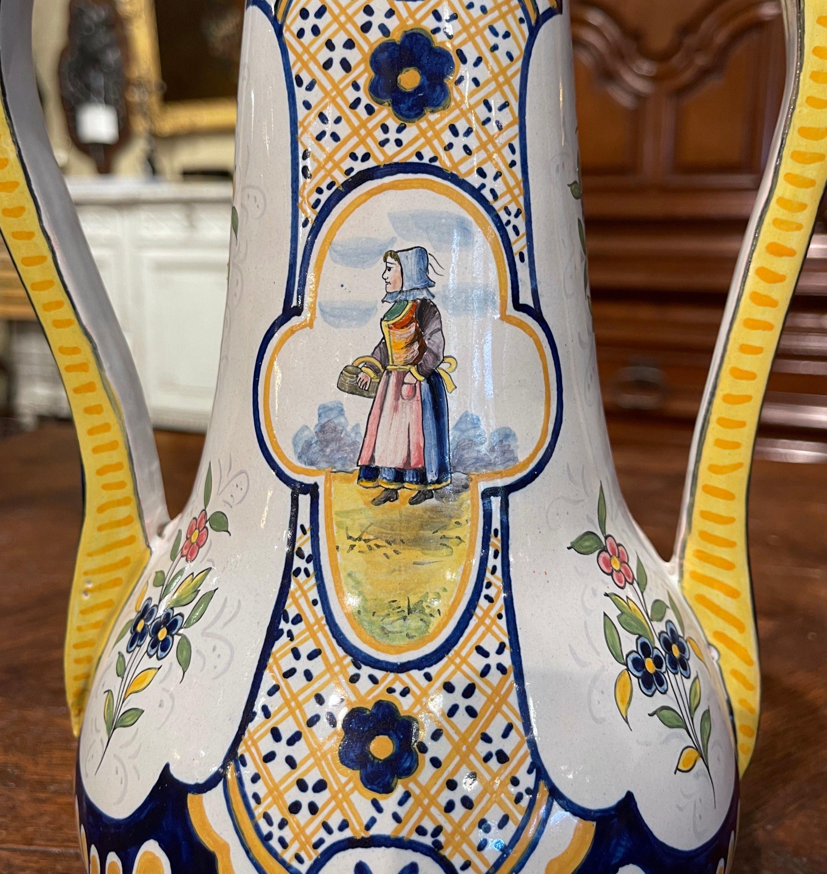 19th Century French Hand Painted Faience Vase Signed HB Quimper 1