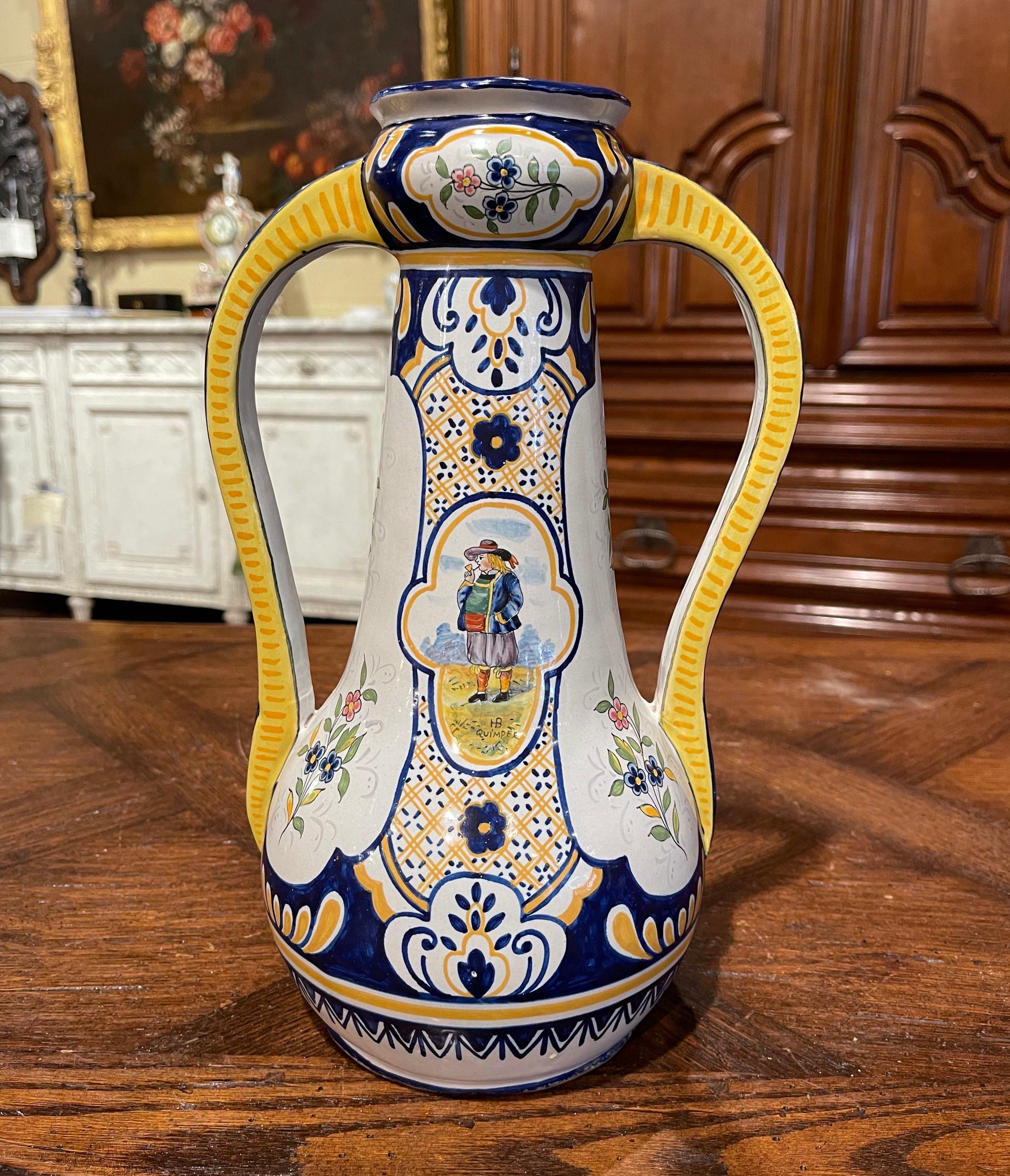 19th Century French Hand Painted Faience Vase Signed HB Quimper 2
