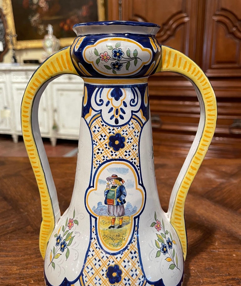 19th Century French Hand Painted Faience Vase Signed HB Quimper For Sale 3