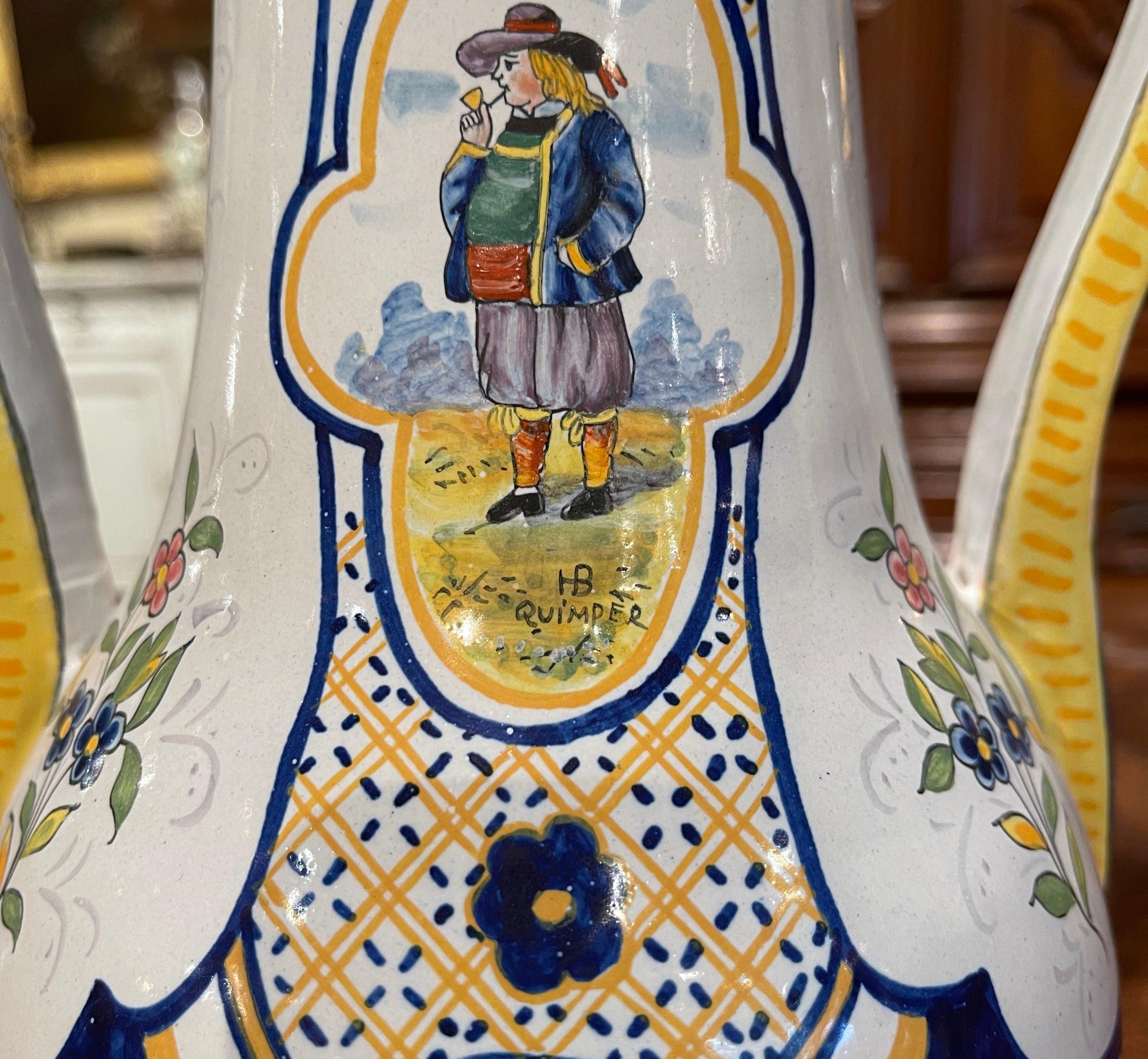 19th Century French Hand Painted Faience Vase Signed HB Quimper 1