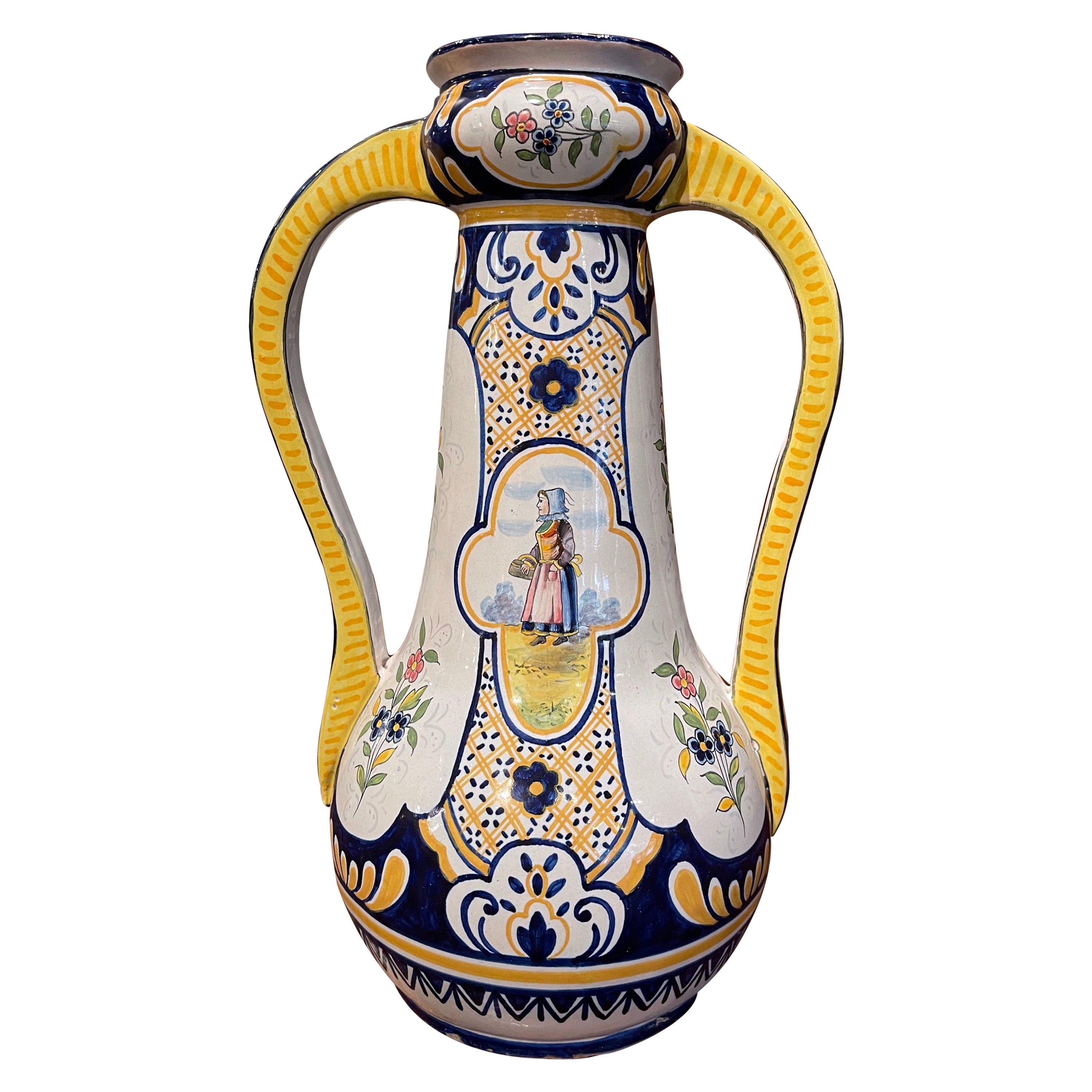 19th Century French Hand Painted Faience Vase Signed HB Quimper