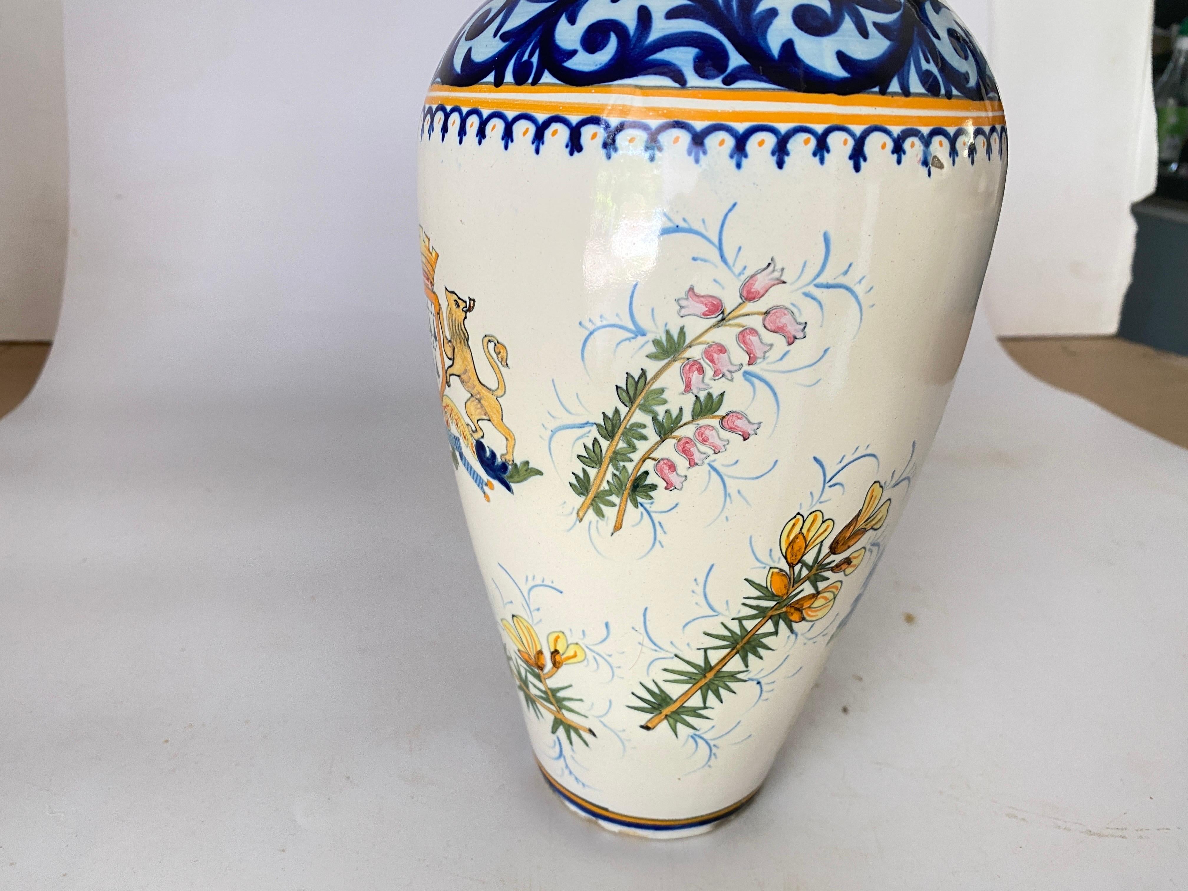 French Provincial 19th Century French Hand-Painted Faience Vase Signed Henriot Quimper For Sale