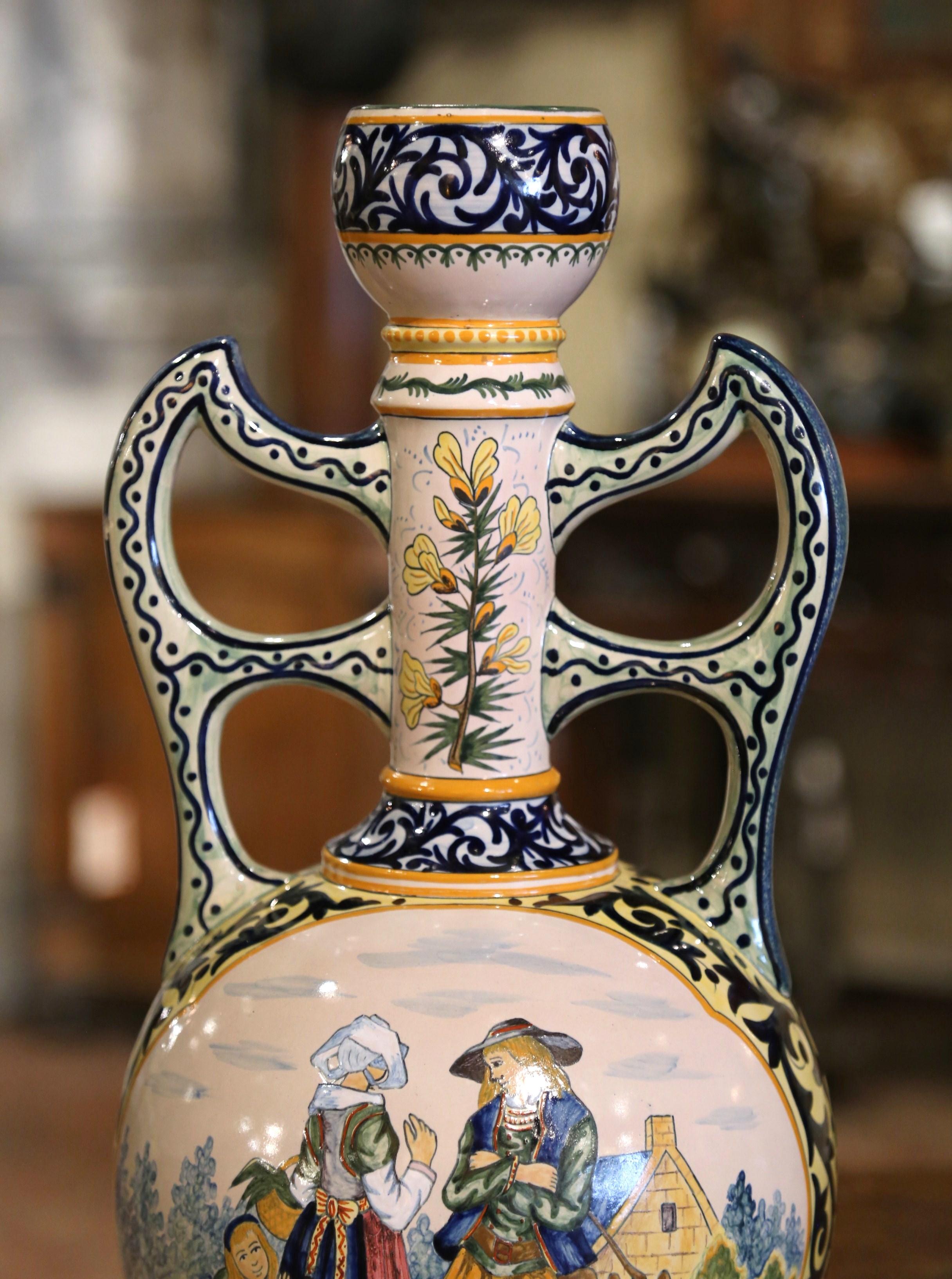Hand-Crafted 19th Century French Hand Painted Faience Vase Signed Henriot Quimper