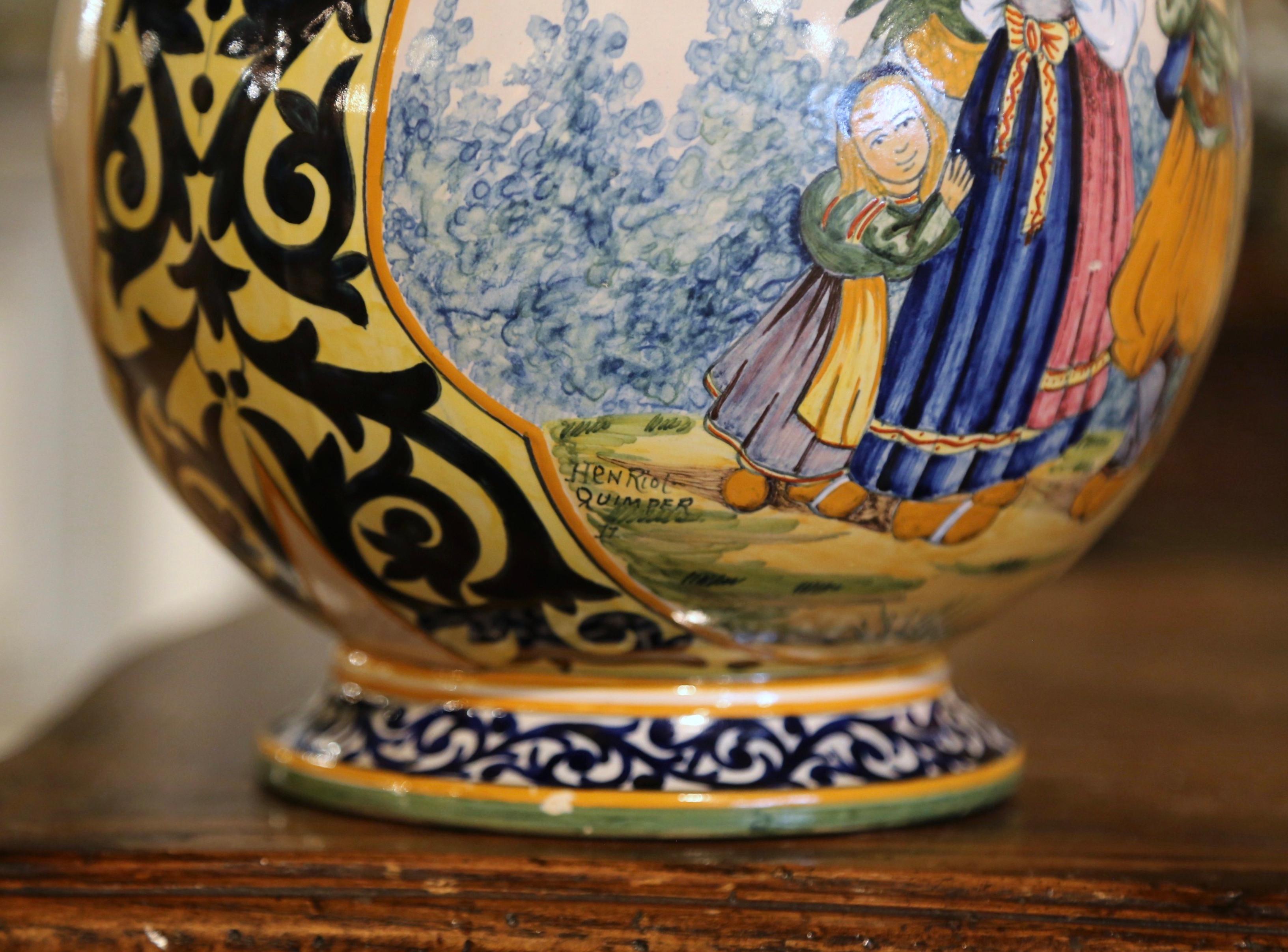 19th Century French Hand Painted Faience Vase Signed Henriot Quimper In Excellent Condition In Dallas, TX