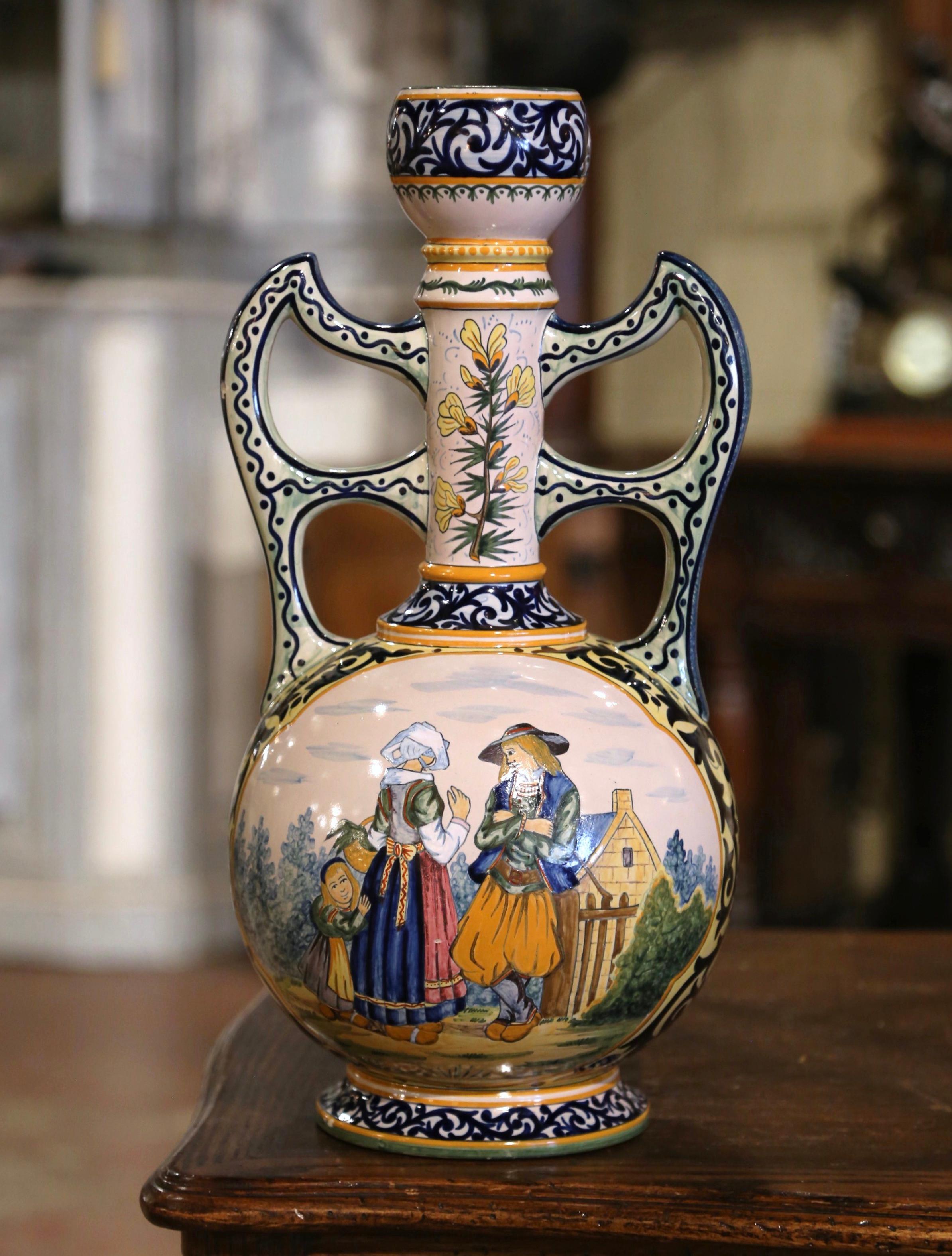 Ceramic 19th Century French Hand Painted Faience Vase Signed Henriot Quimper