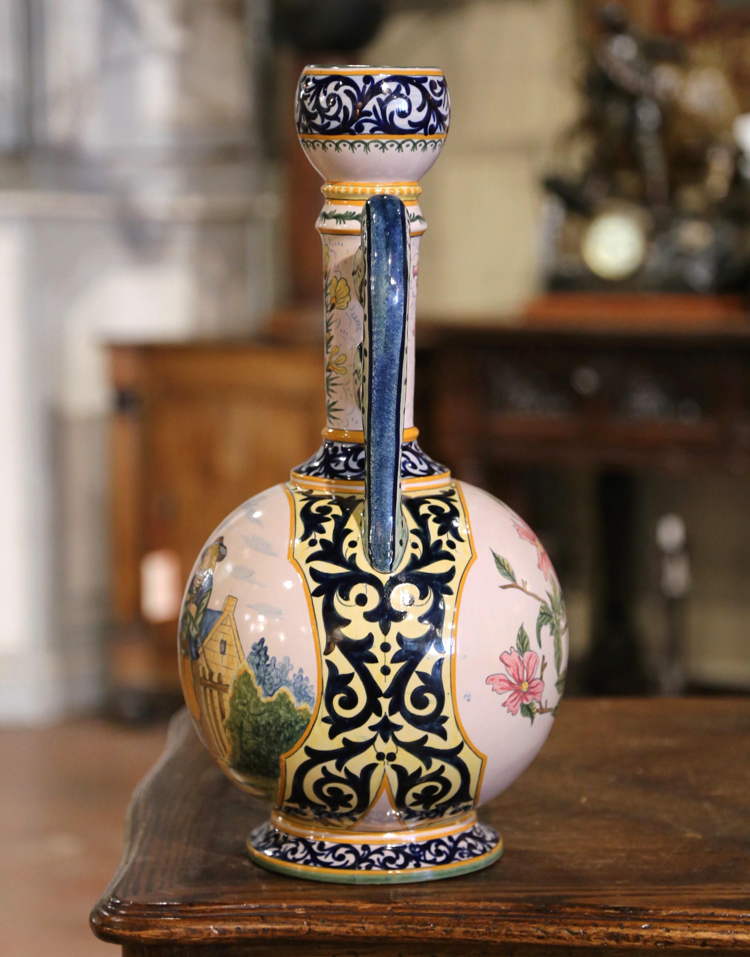 19th Century French Hand Painted Faience Vase Signed Henriot Quimper 1