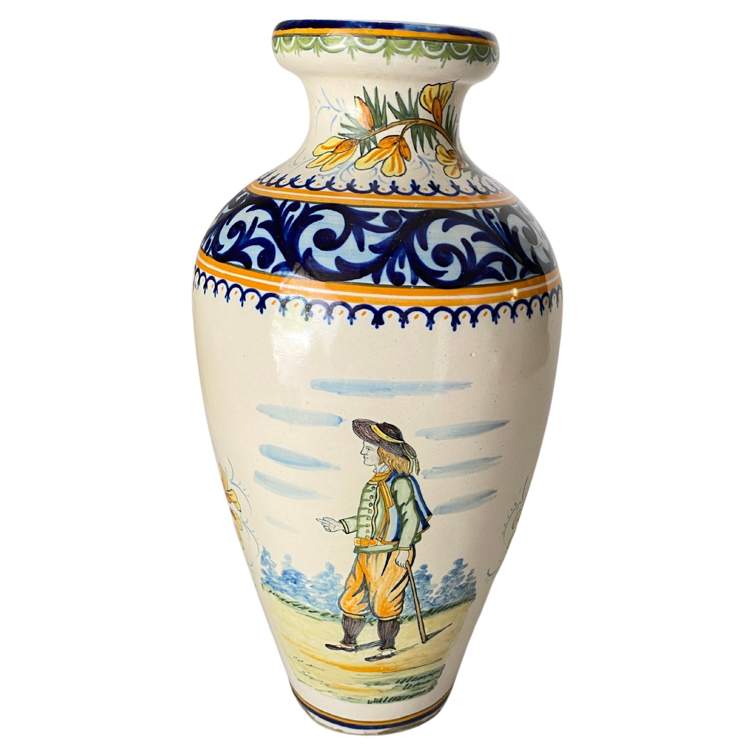 19th Century French Hand-Painted Faience Vase Signed Henriot Quimper For Sale