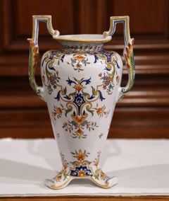 19th Century French Hand Painted Faience Vase with Handles from Normandy