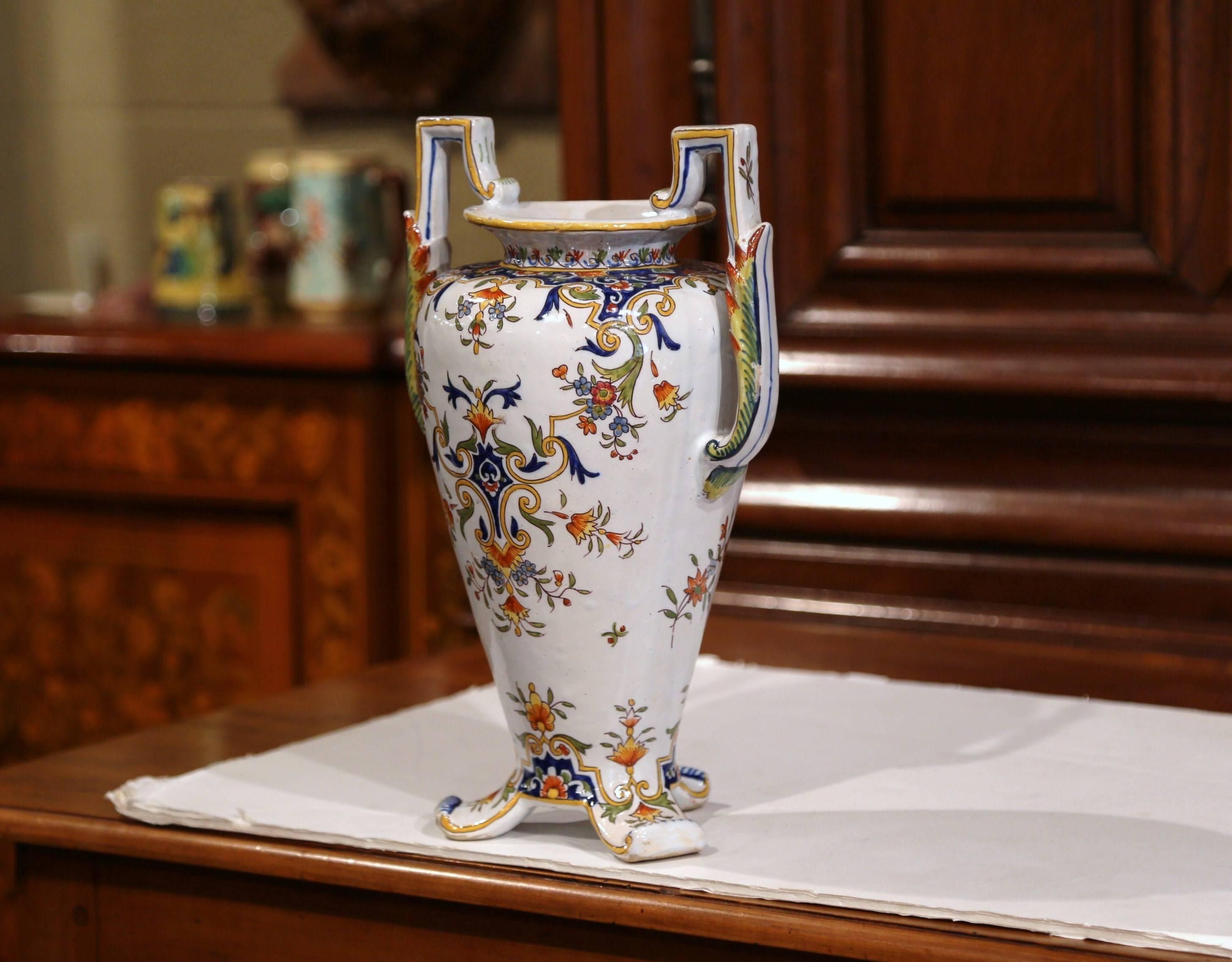 Hand-Crafted 19th Century French Hand Painted Faience Vase with Handles from Normandy