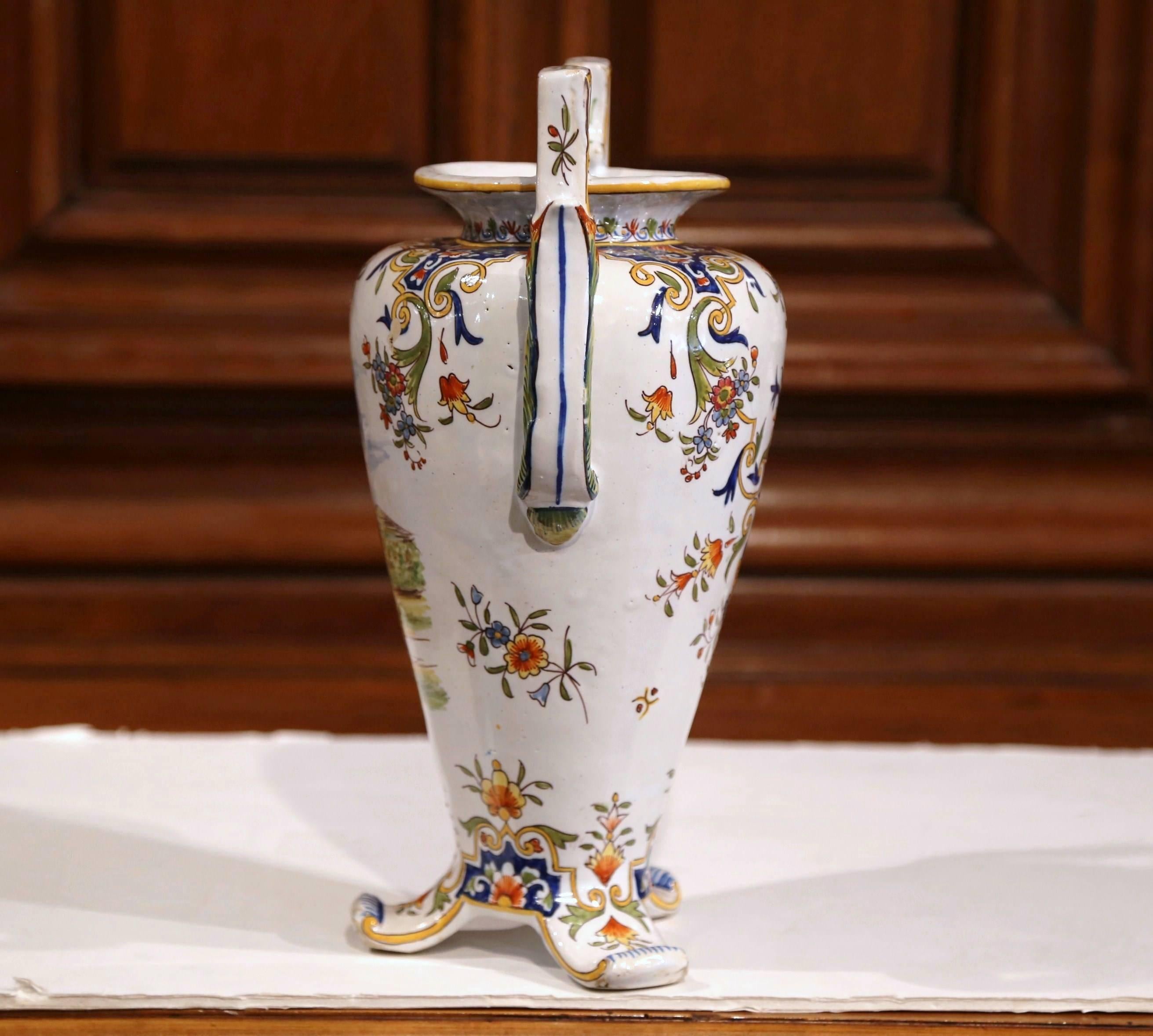 19th Century French Hand Painted Faience Vase with Handles from Normandy In Excellent Condition In Dallas, TX