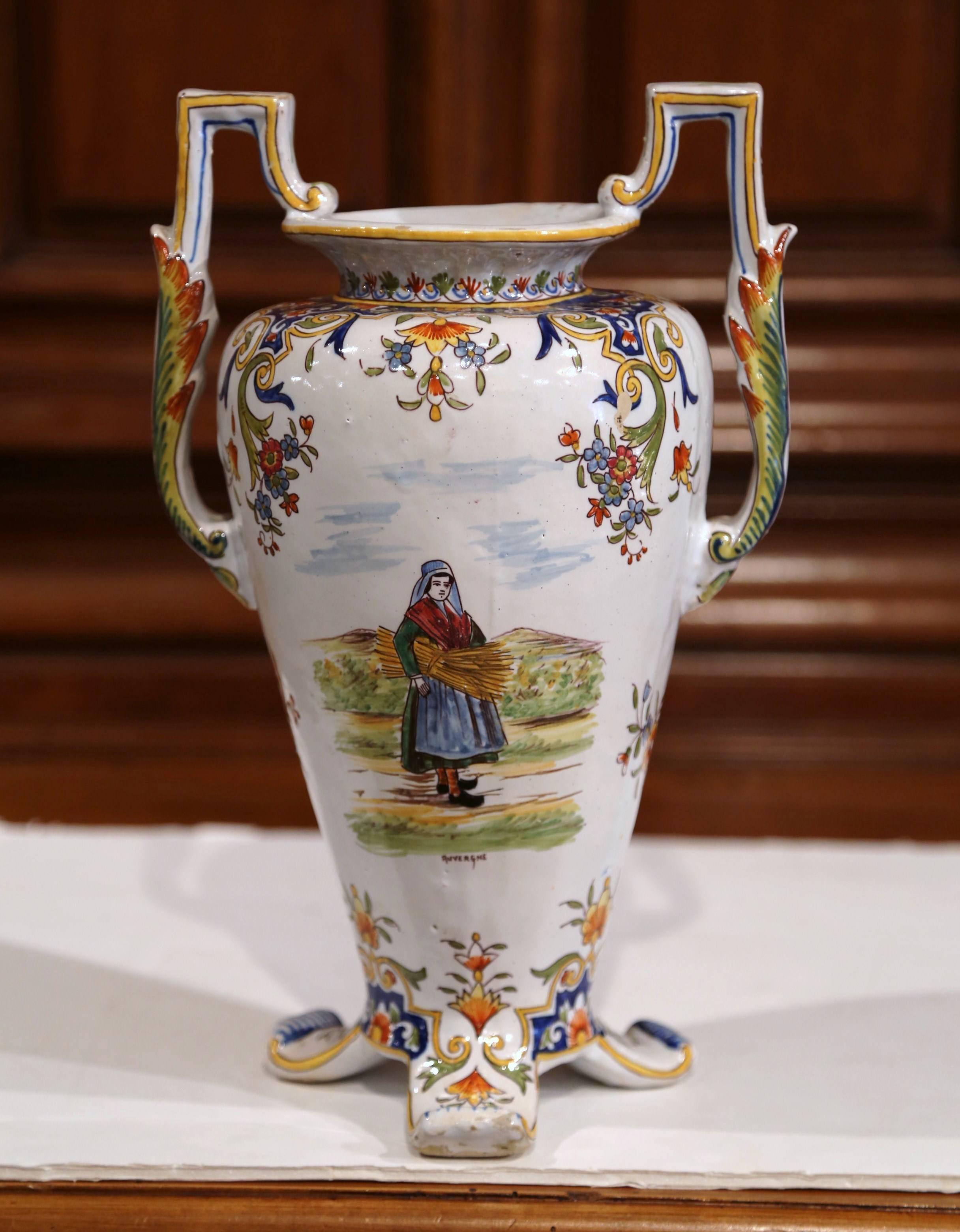 Ceramic 19th Century French Hand Painted Faience Vase with Handles from Normandy