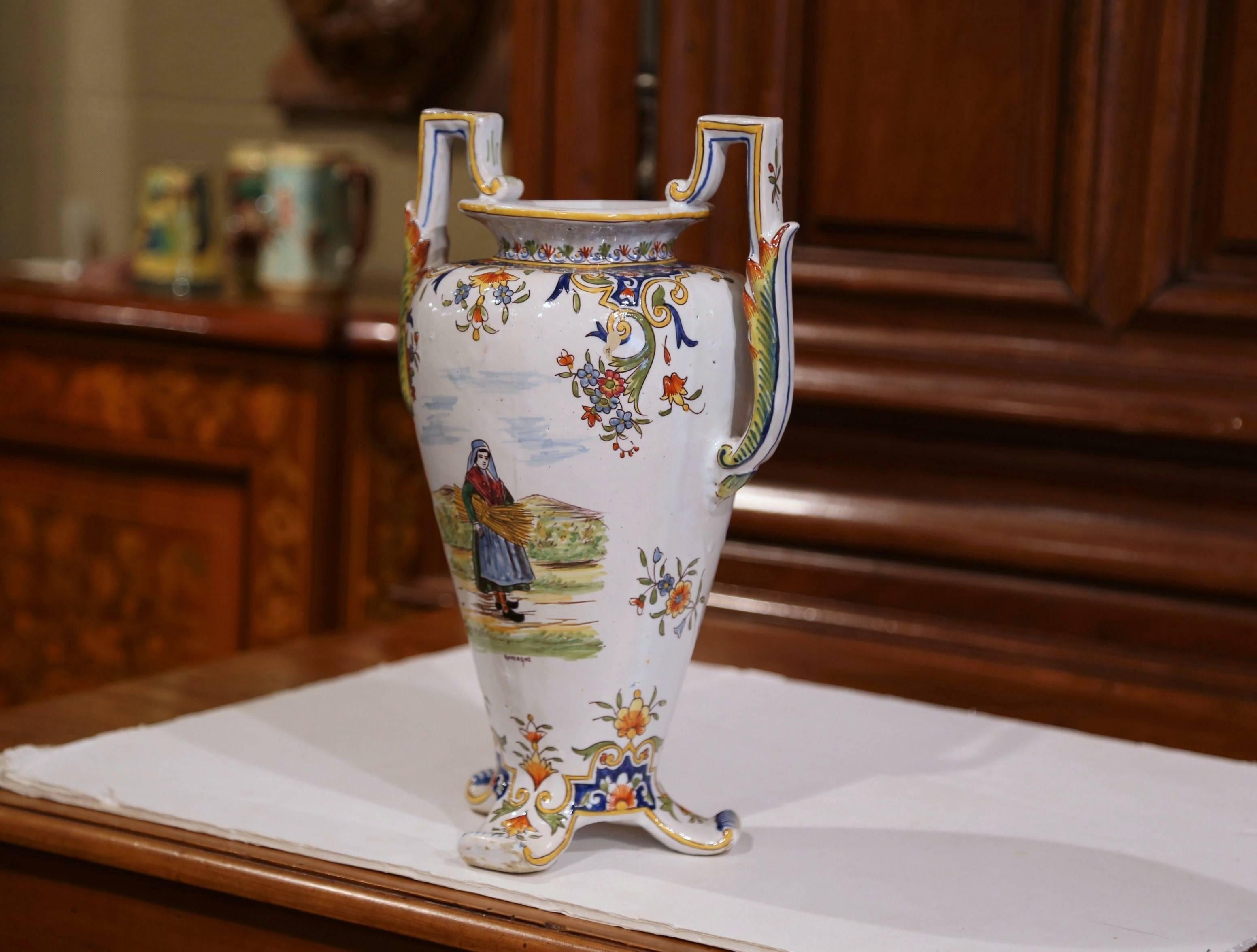 19th Century French Hand Painted Faience Vase with Handles from Normandy 1