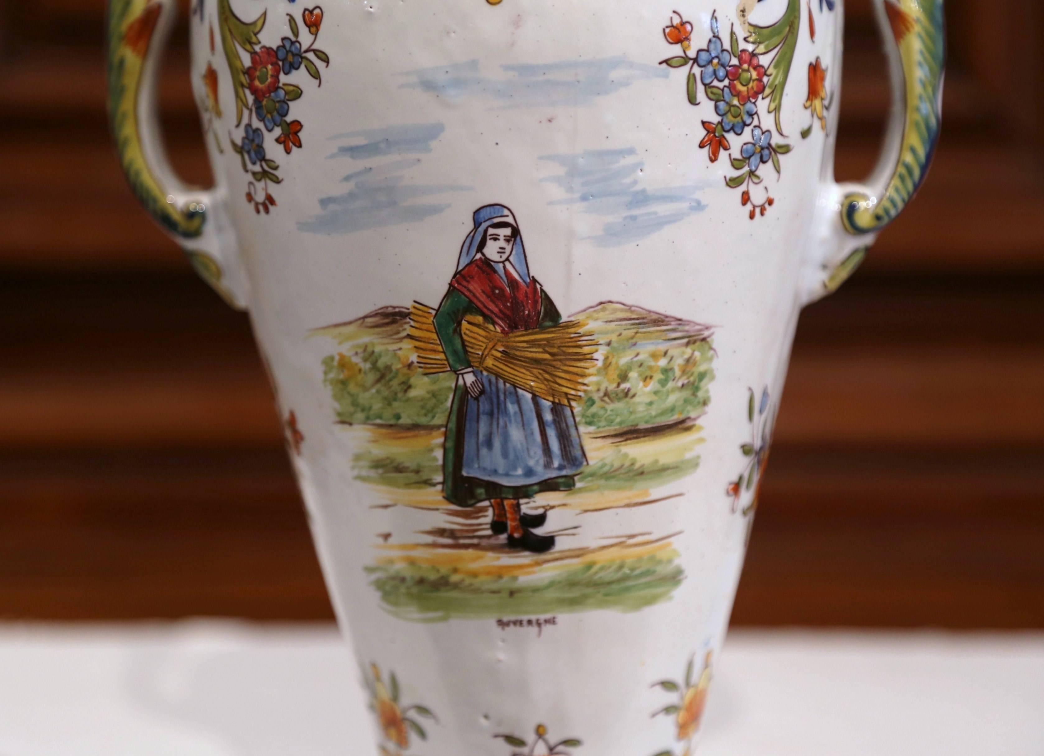19th Century French Hand Painted Faience Vase with Handles from Normandy 2