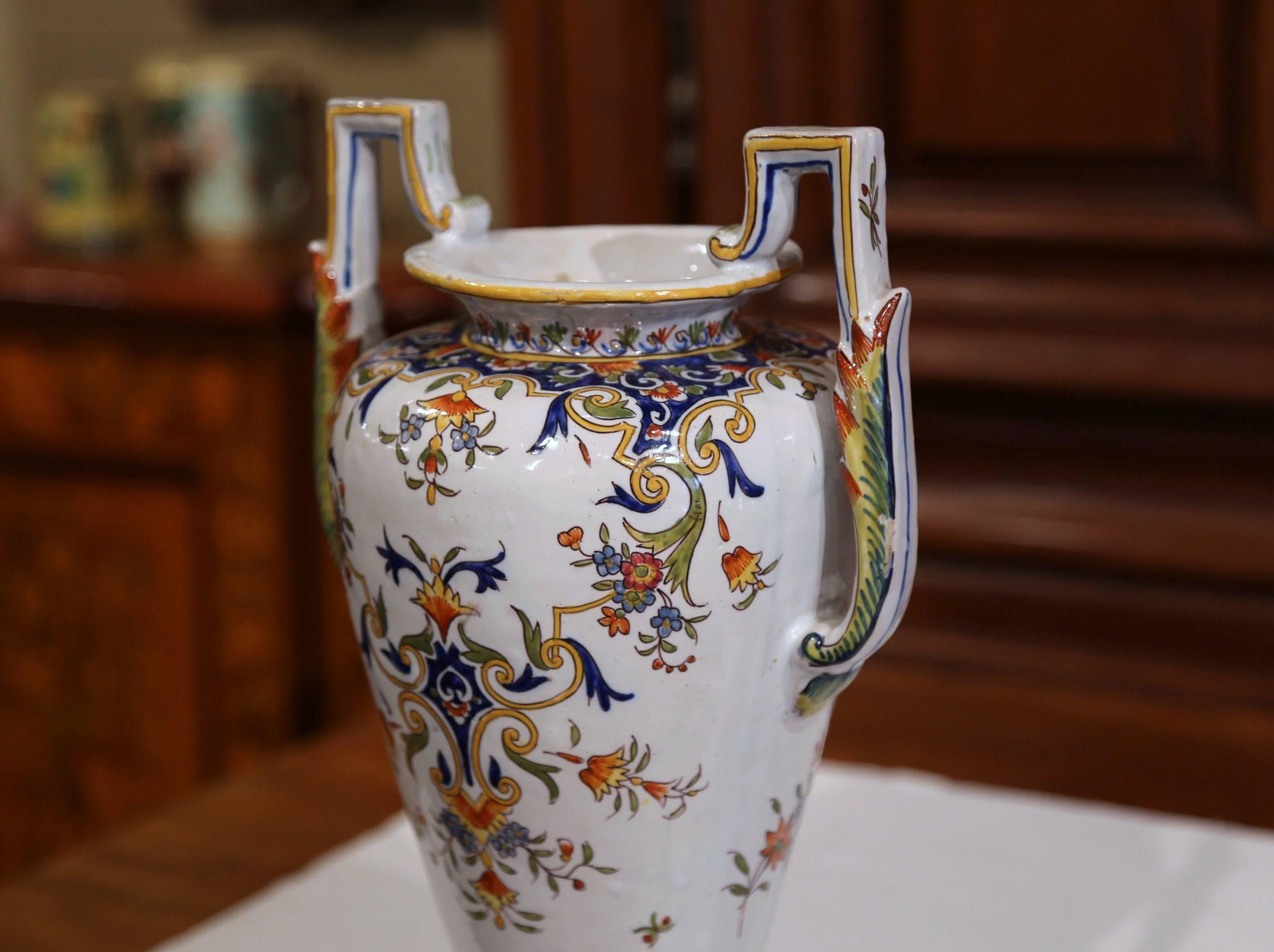19th Century French Hand Painted Faience Vase with Handles from Normandy 3