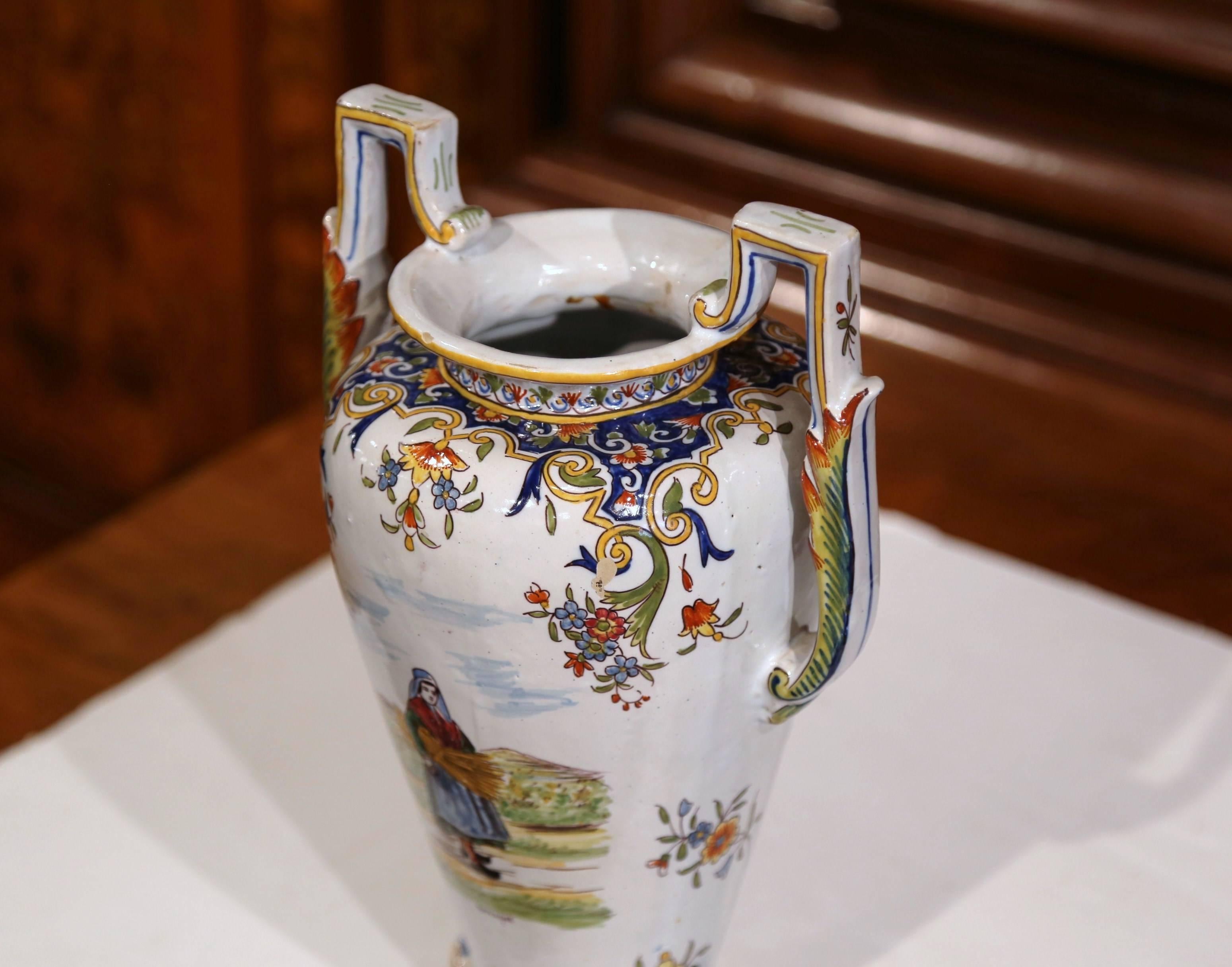 19th Century French Hand Painted Faience Vase with Handles from Normandy 4