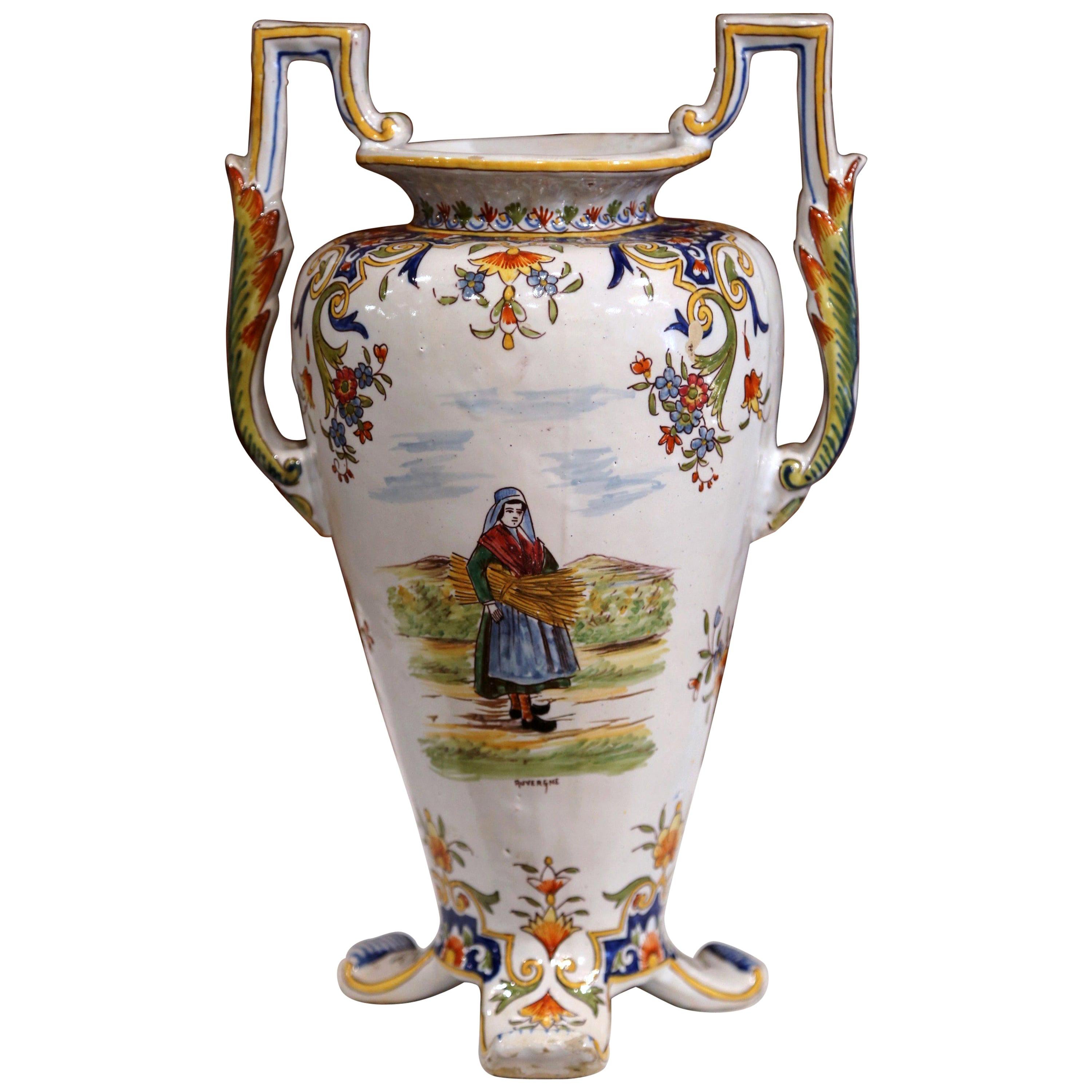 19th Century French Hand Painted Faience Vase with Handles from Normandy